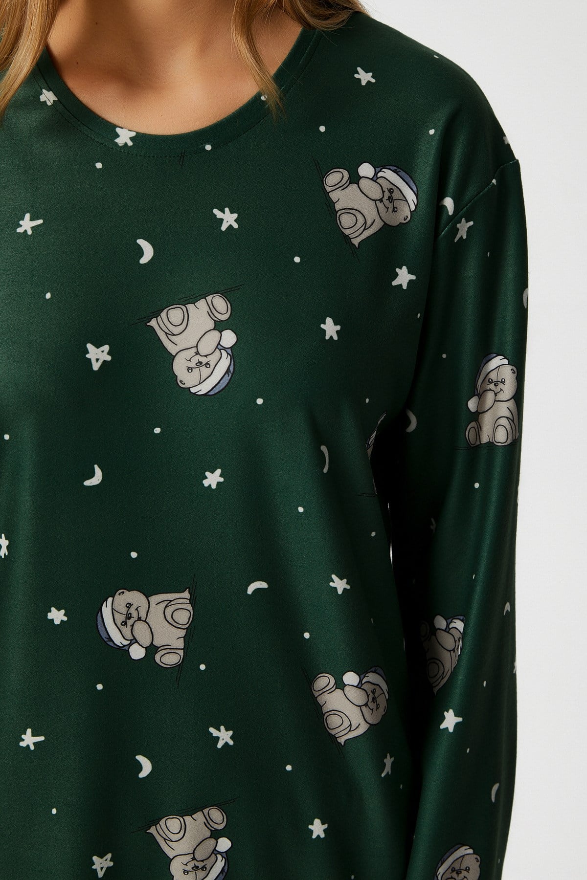 Kadın Ely Premium Bisiklet Yaka Yeşil Ayıcık Süet Doku Yılbaşı Pijama Takımı