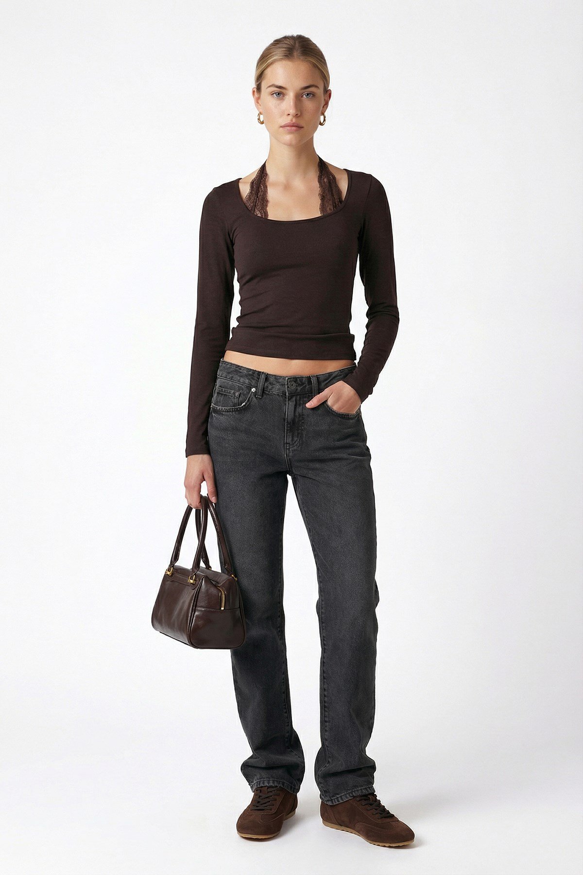 Kadın Emma Dantel Detaylı Uzun Kollu Kahverengi Basic Top / Bluz