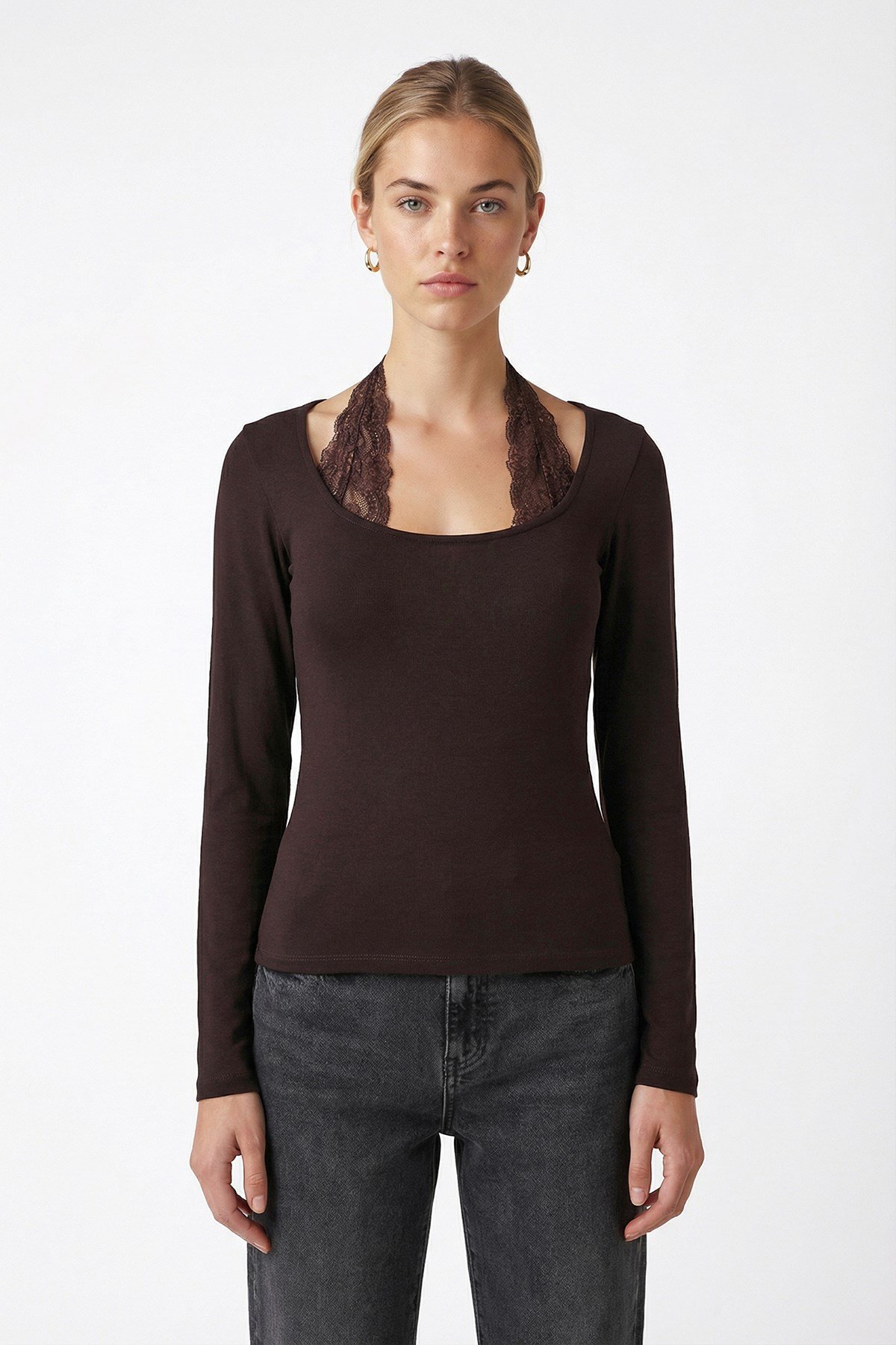 Kadın Emma Dantel Detaylı Uzun Kollu Kahverengi Basic Top / Bluz