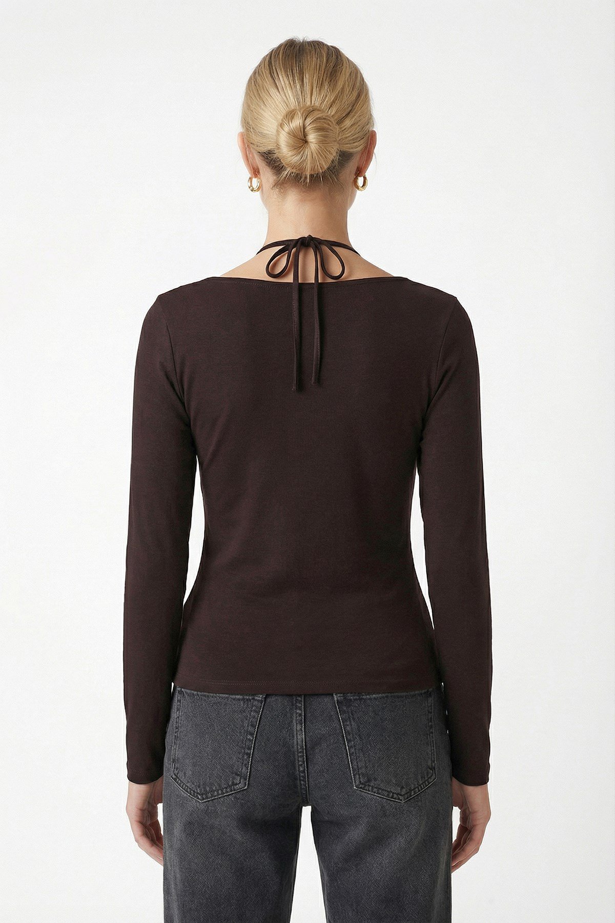 Kadın Emma Dantel Detaylı Uzun Kollu Kahverengi Basic Top / Bluz