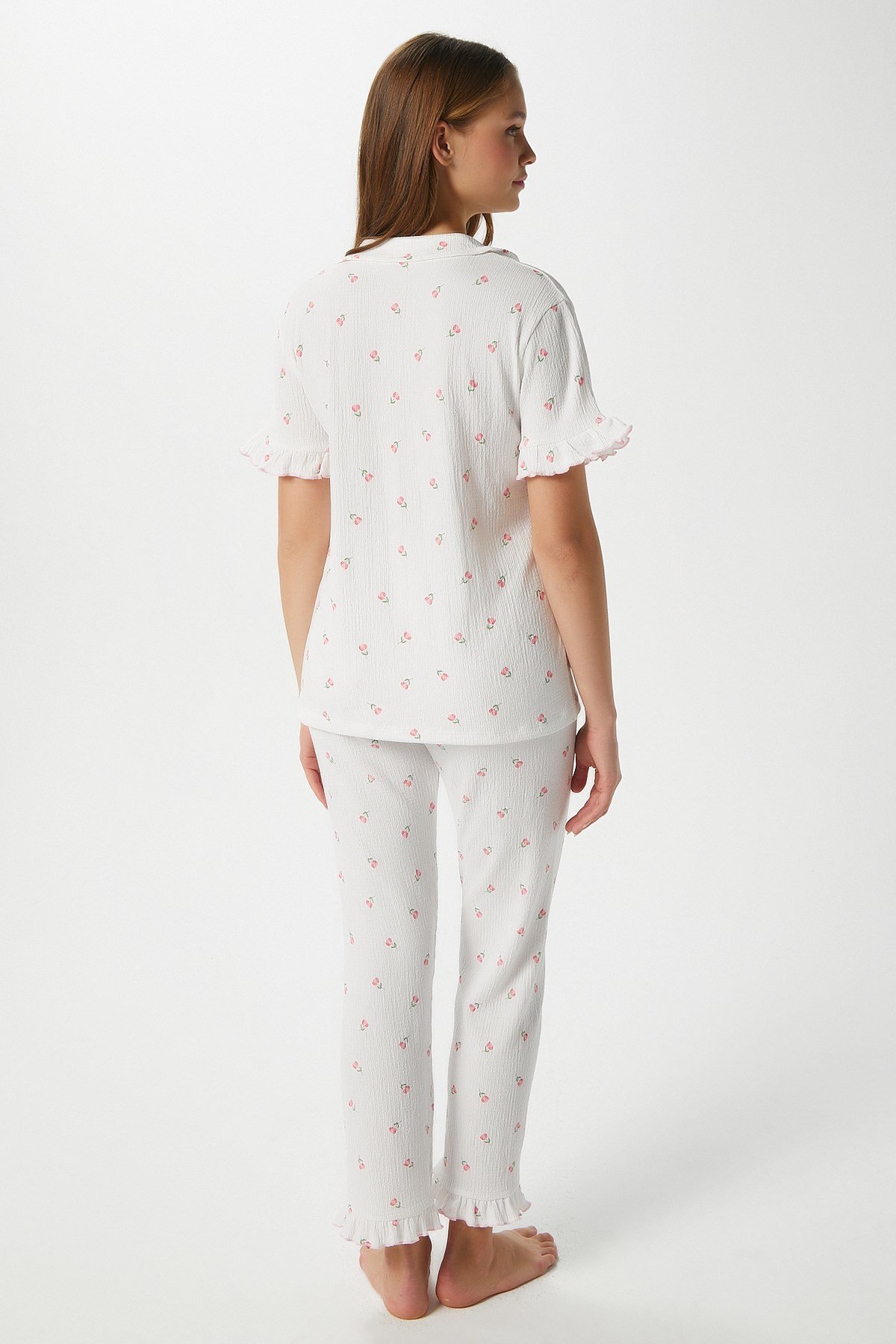 Kadın Enda Fırfırlı Çiçek Desen Alt Üst Pijama Takımı
