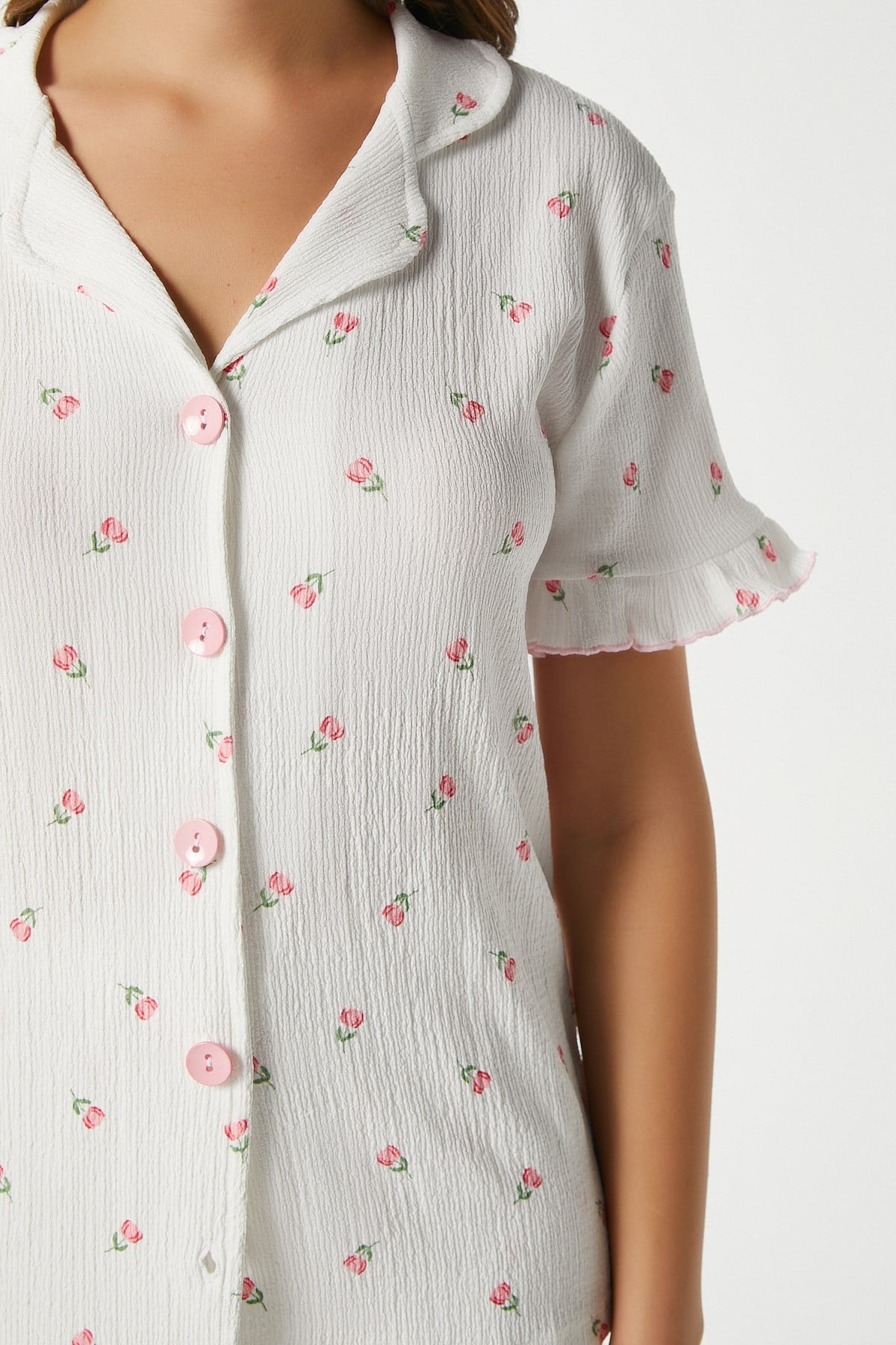 Kadın Enda Fırfırlı Çiçek Desen Alt Üst Pijama Takımı