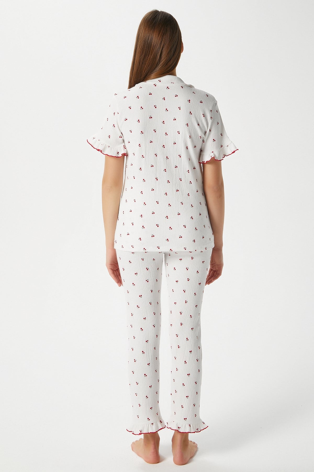 Kadın Enda Fırfırlı Kiraz Desen Alt Üst Pijama Takımı