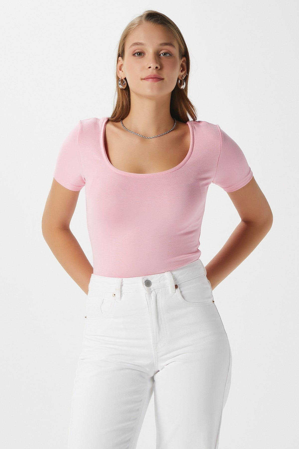 Kadın Favor Lux Touch Yumuşak Doku U yaka Pembe Bluz