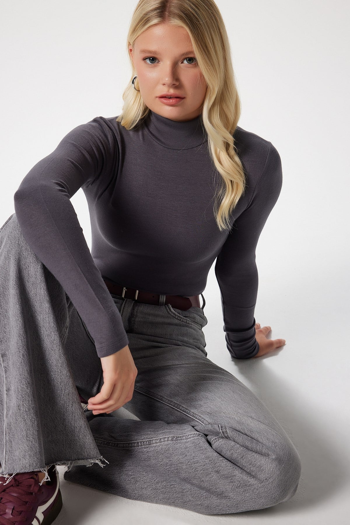 Kadın Feel Lux Touch Dik Yaka Antrasit Uzun Kol Soft Bluz