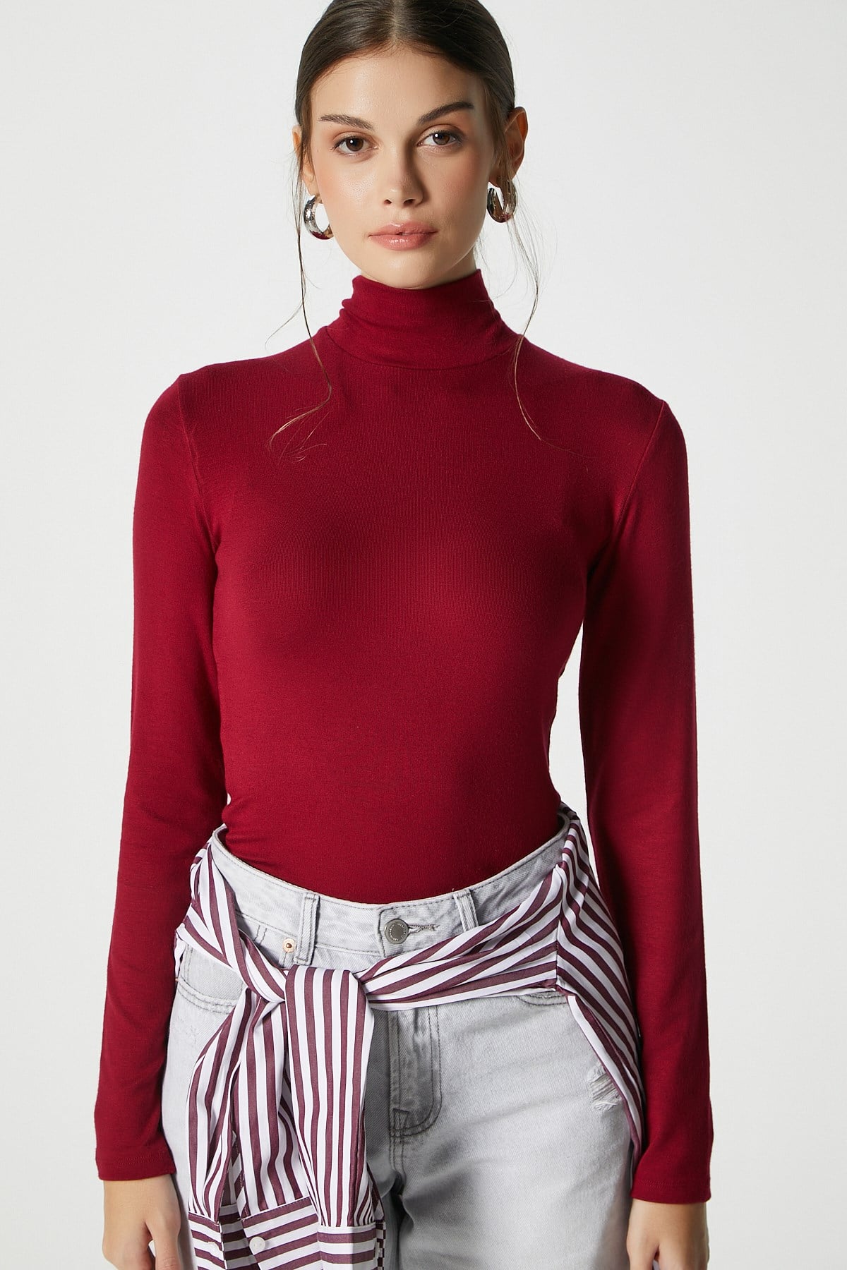 Kadın Feel Lux Touch Dik Yaka Bordo Uzun Kol Soft Bluz
