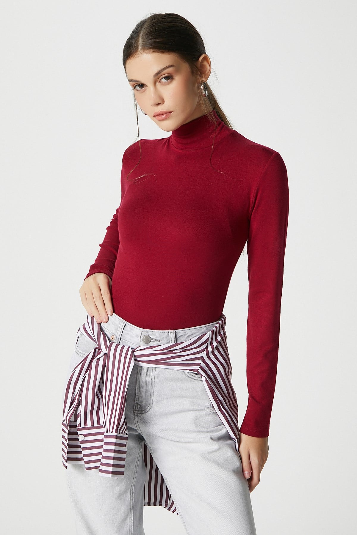 Kadın Feel Lux Touch Dik Yaka Bordo Uzun Kol Soft Bluz