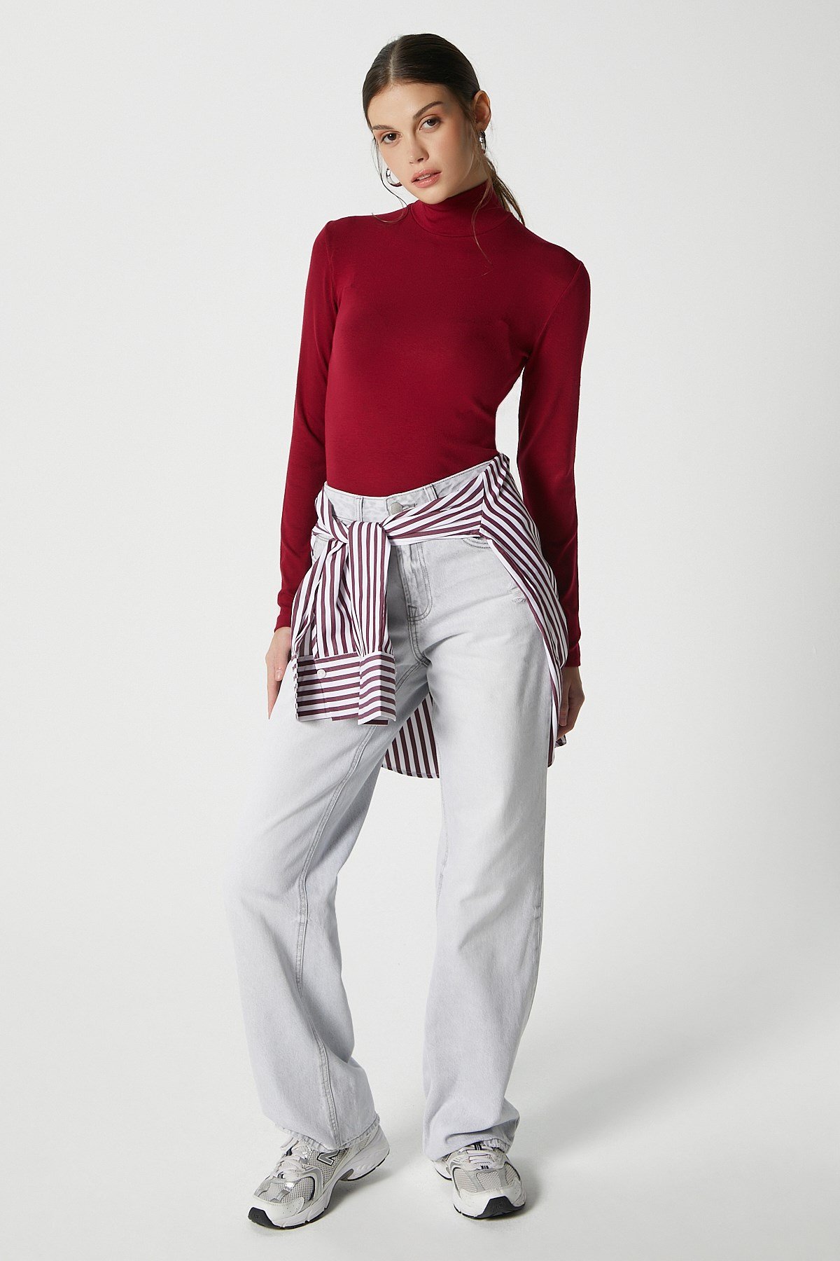 Kadın Feel Lux Touch Dik Yaka Bordo Uzun Kol Soft Bluz