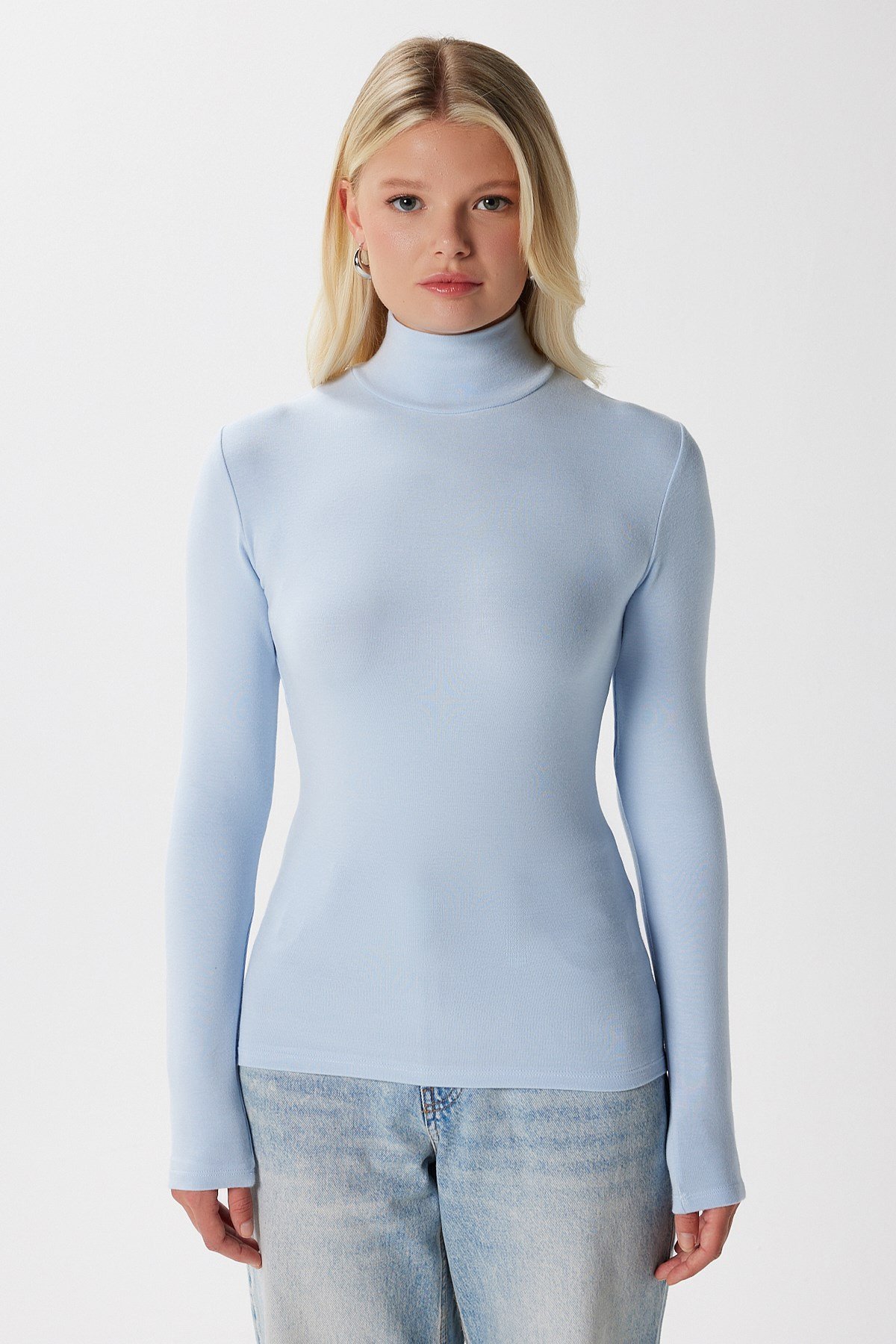 Kadın Feel Lux Touch Dik Yaka Mavi Uzun Kol Soft Bluz