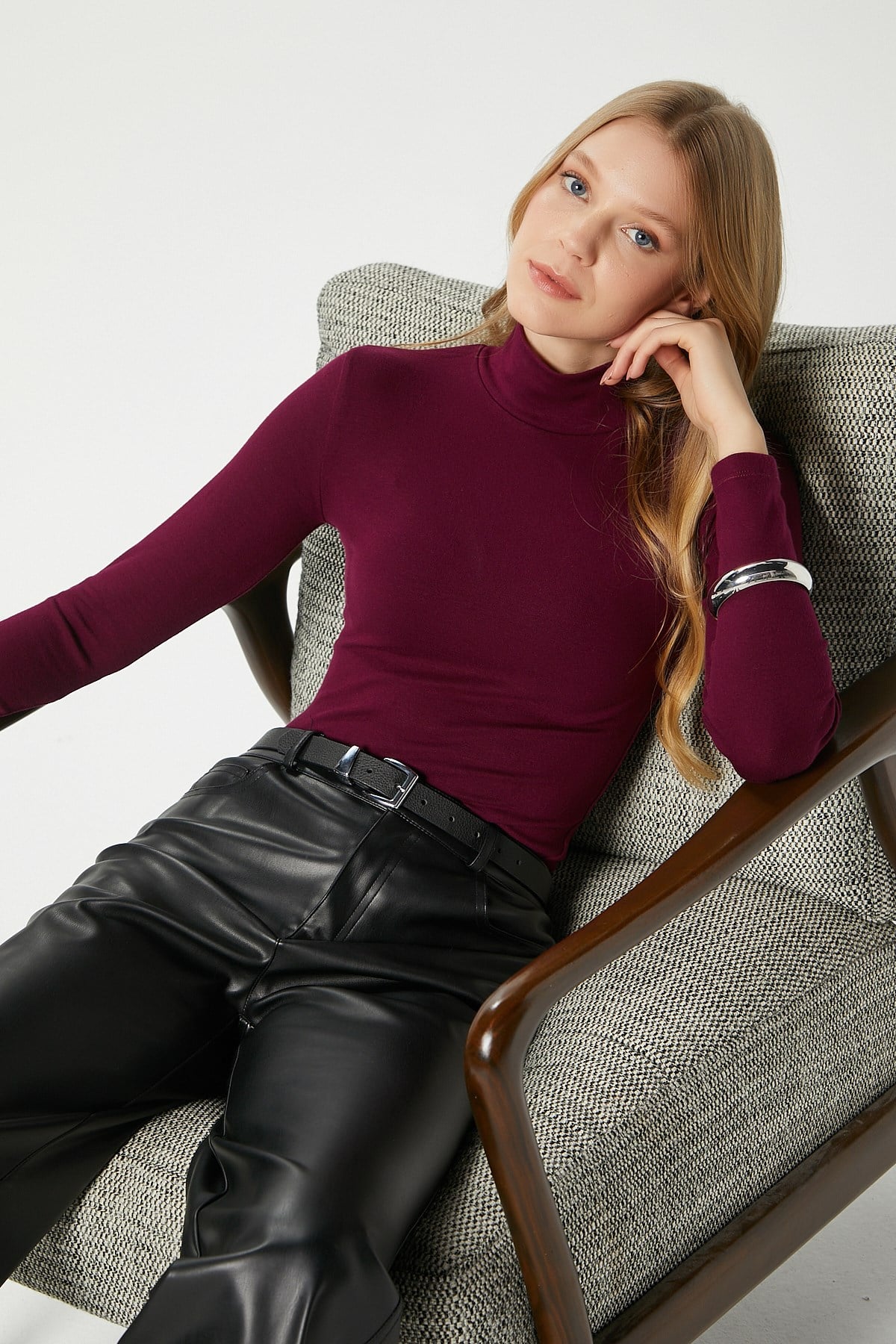 Kadın Feel Lux Touch Dik Yaka Mürdüm Uzun Kol Soft Bluz