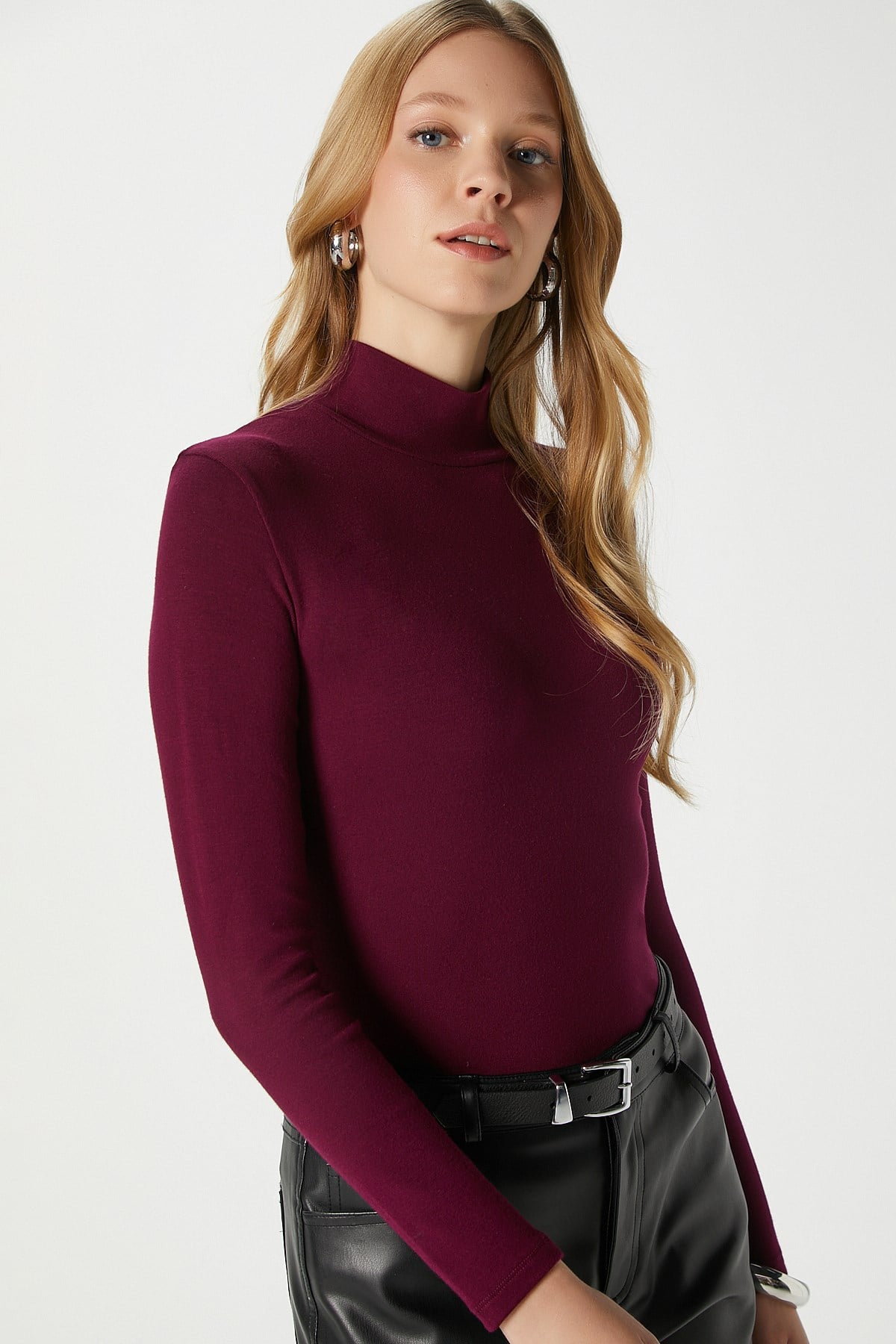 Kadın Feel Lux Touch Dik Yaka Mürdüm Uzun Kol Soft Bluz