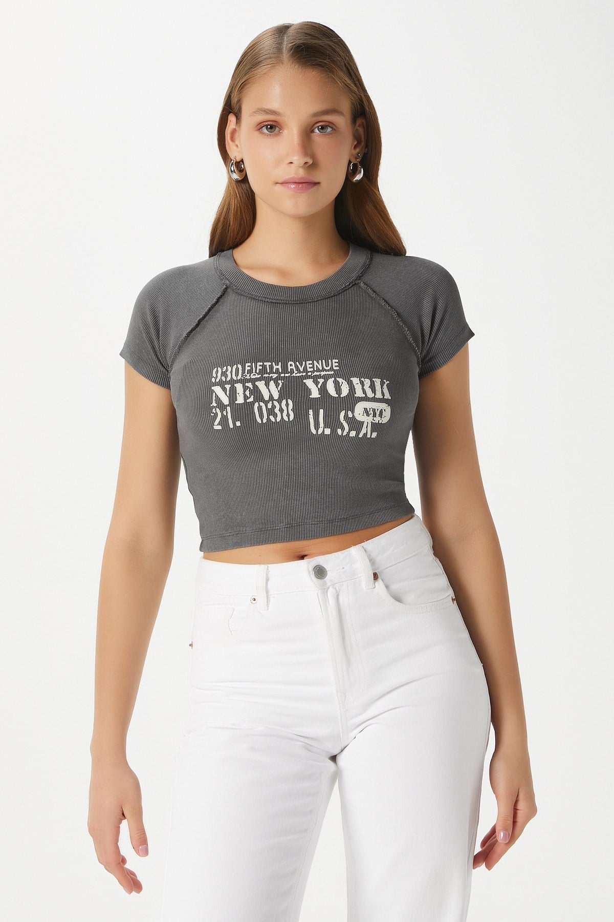 Kadın Fifth Yıkamalı Antrasit Crop Top