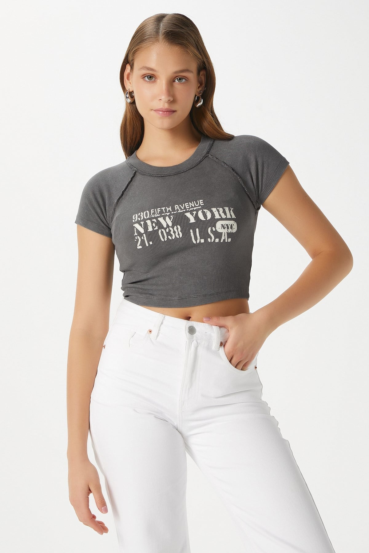 Kadın Fifth Yıkamalı Antrasit Crop Top