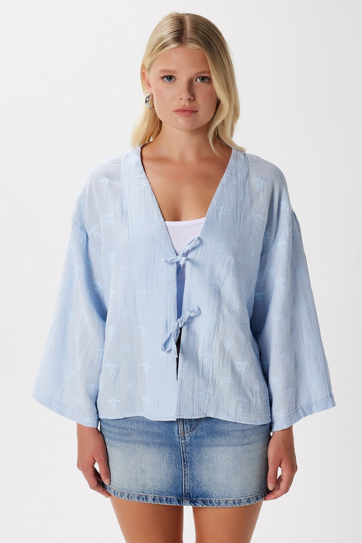 Kadin Flora Müslin Kabartma Dokulu Mavi Kimono
