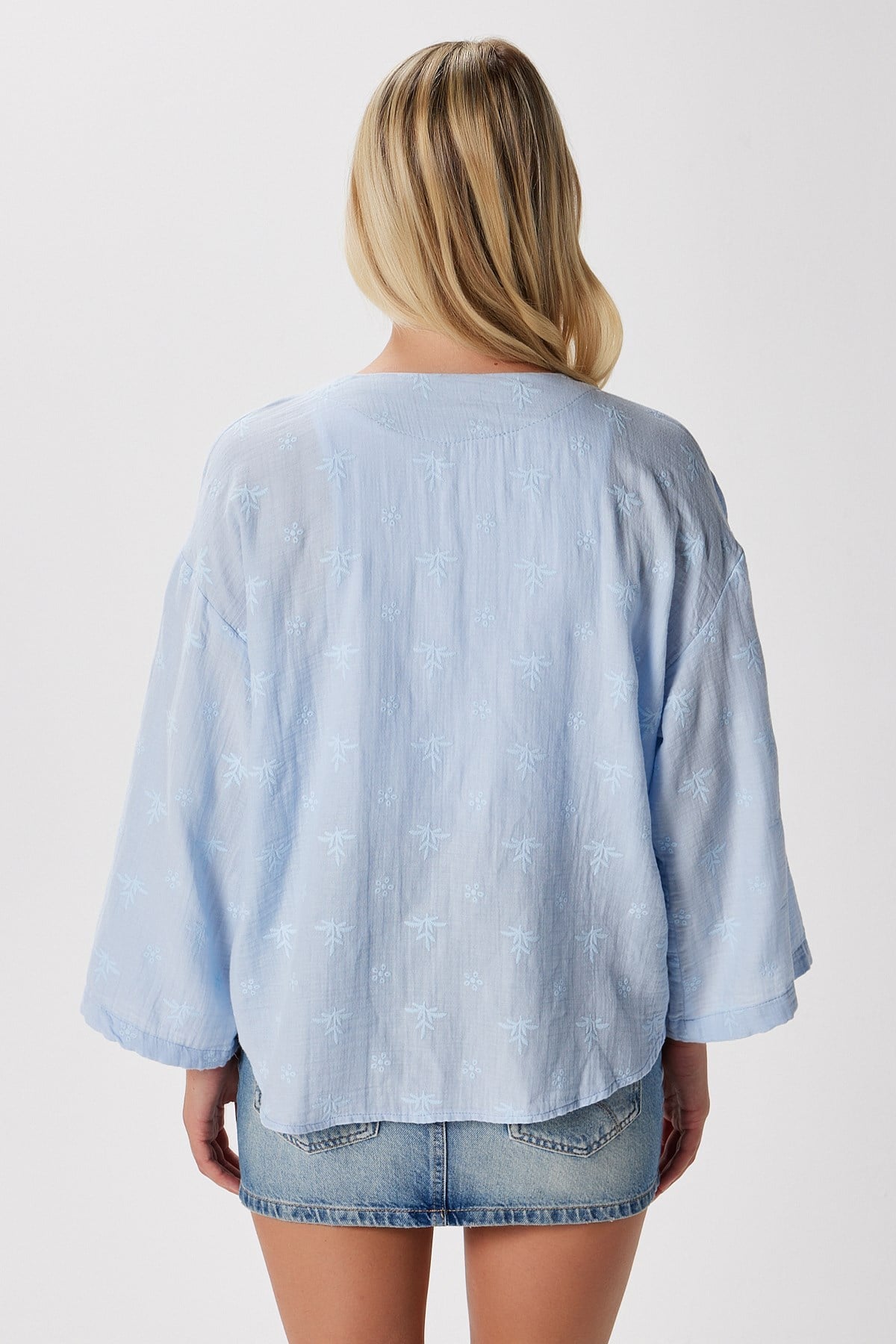 Kadin Flora Müslin Kabartma Dokulu Mavi Kimono