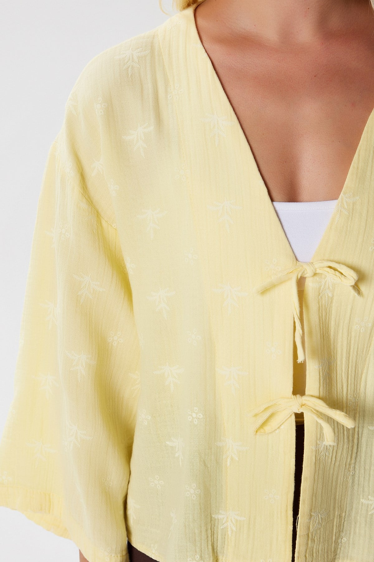 Kadin Flora Müslin Kabartma Dokulu  Sarı Kimono