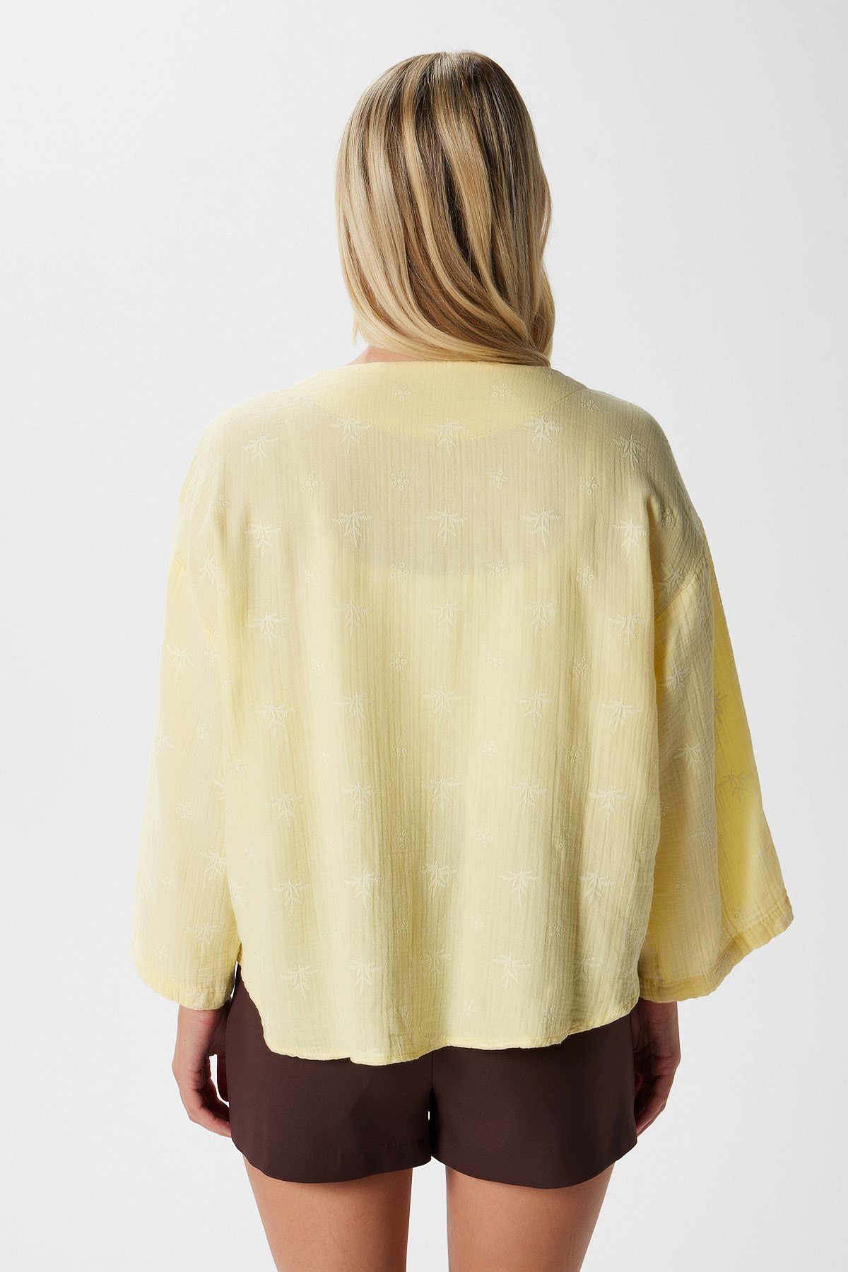 Kadin Flora Müslin Kabartma Dokulu  Sarı Kimono