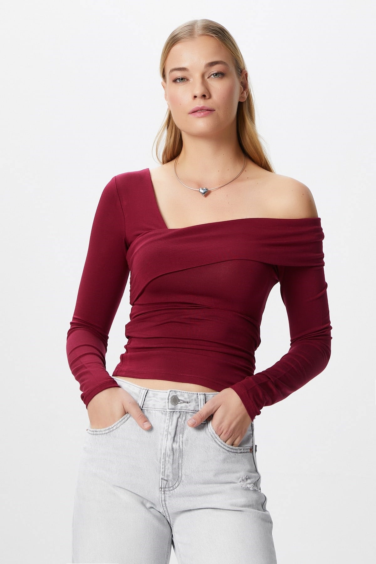 Kadın Fuse Omuz Katlamalı Bordo Bluz