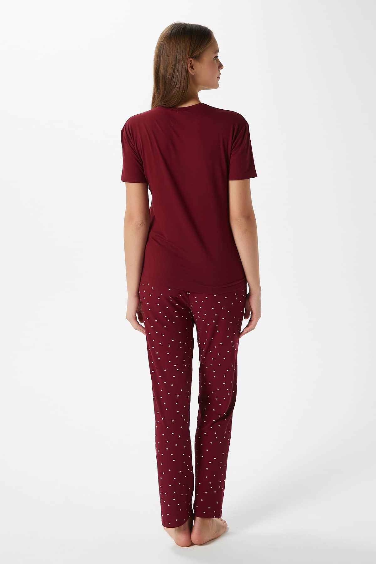 Kadın Garden Yumuşak Doku Bordo Çiçek Desen Bisiklet Yaka Kısa Kollu Alt Üst Pijama Takımı