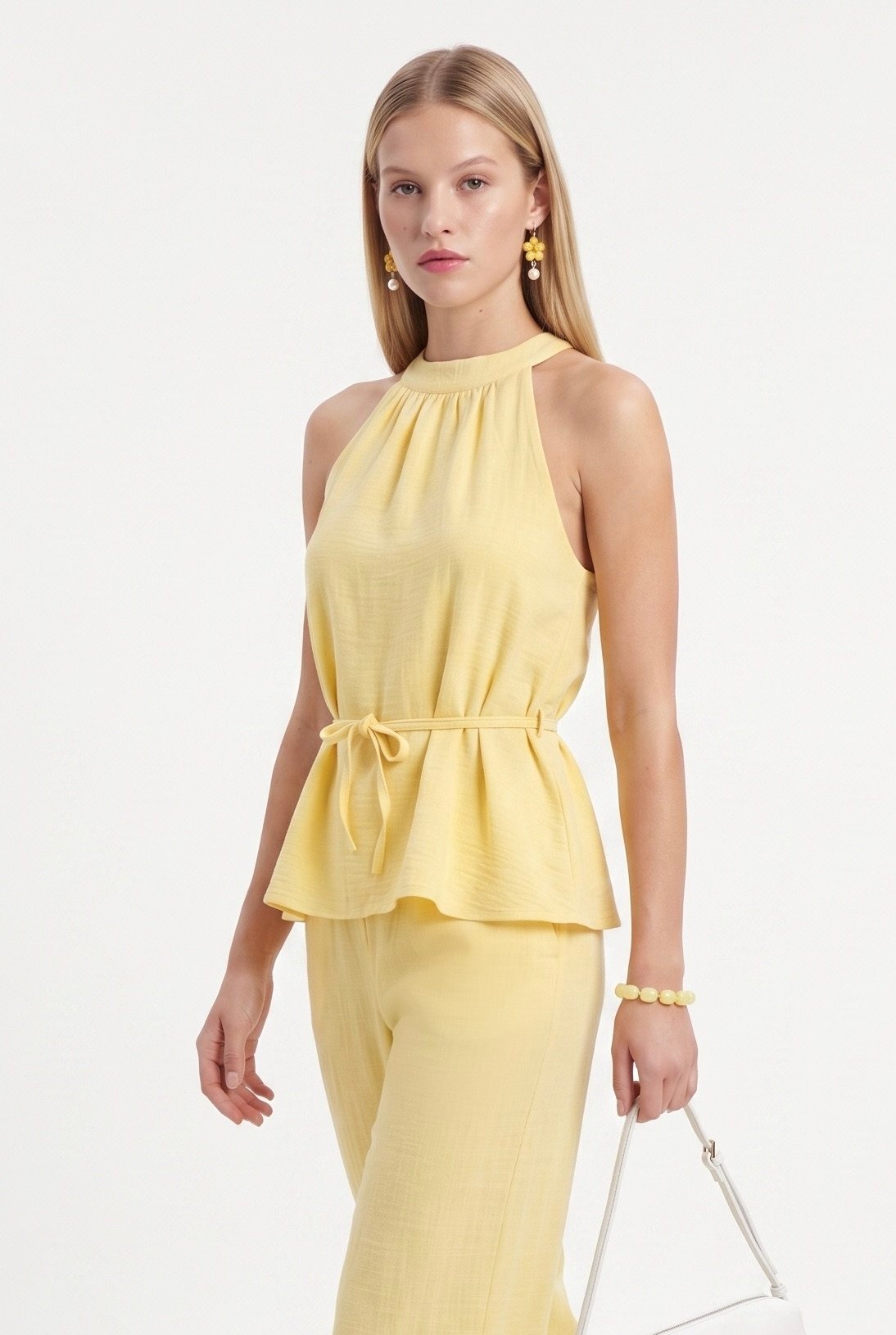 Kadın Giselle Bluz Pantolon Limon Sarısı Dokuma Alt Üst Takım