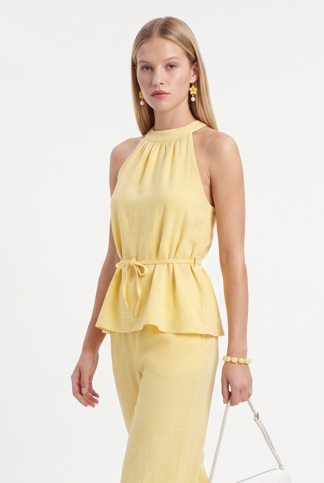 Kadın Giselle Bluz Pantolon Limon Sarısı Dokuma Alt Üst Takım