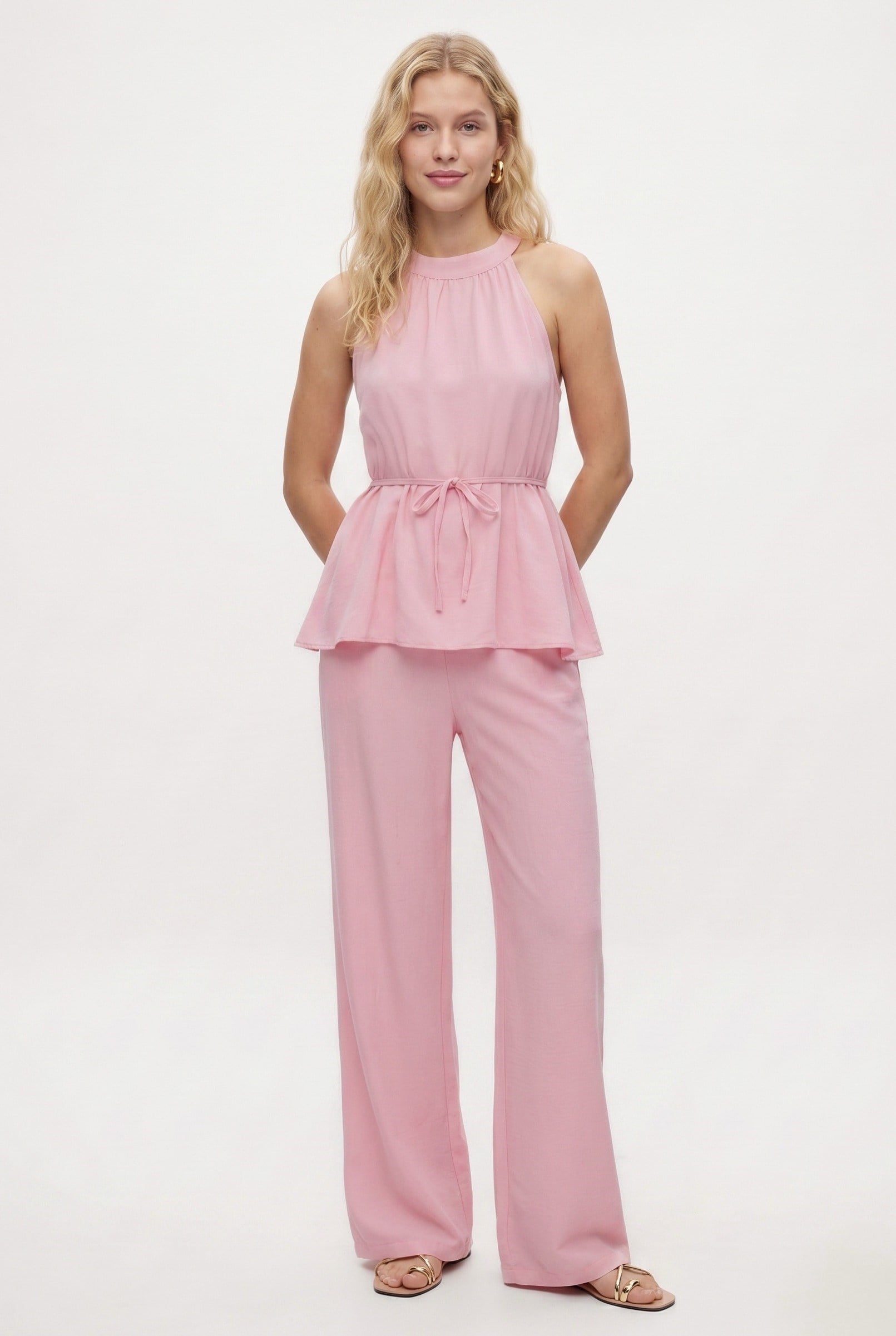 Kadın Giselle Halter Yaka Bağlamalı Bluz Bel Lastikli Pantolon Dokuma Pembe Alt Üst Takım