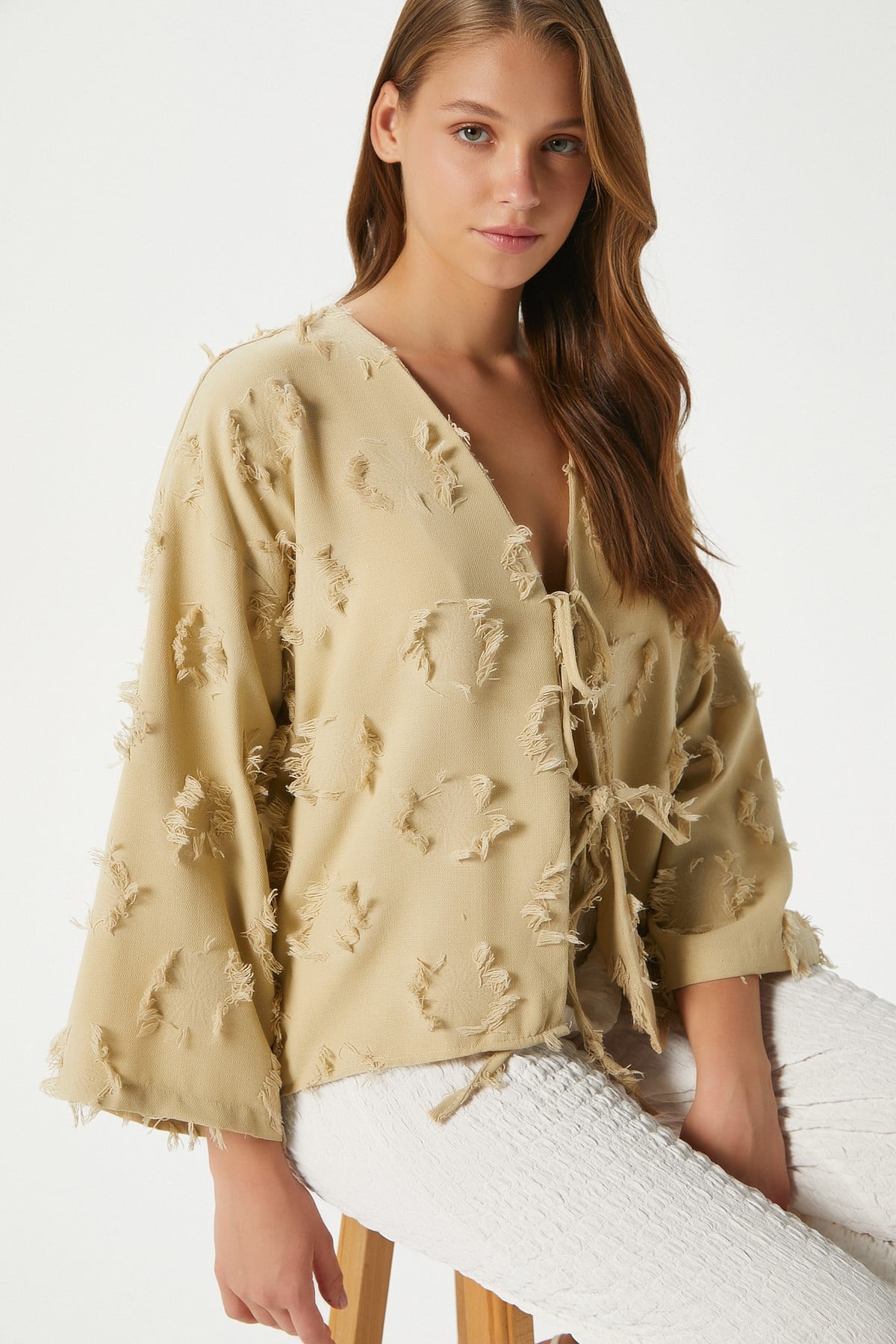 Kadın Harmony Bağcıklı Çağla Yeşili Kimono Gömlek