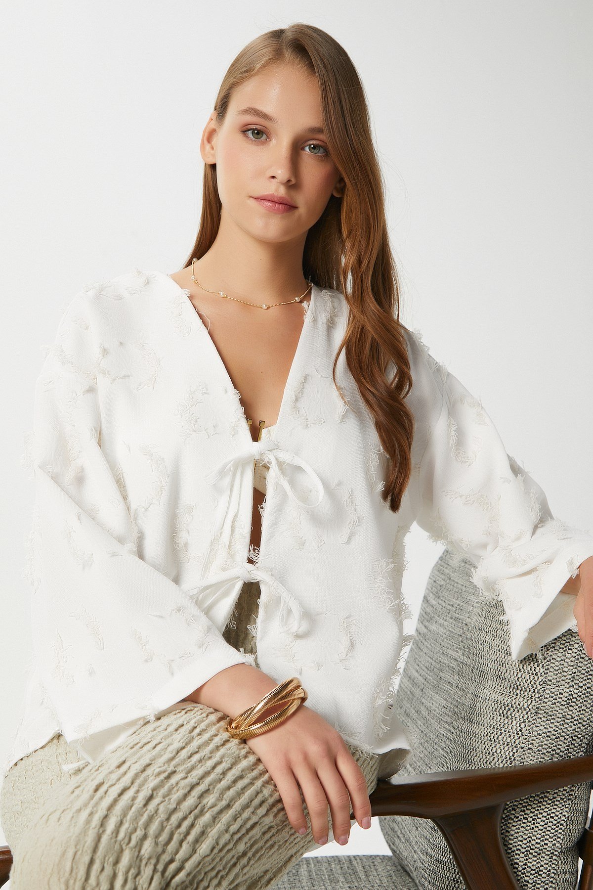 Kadın Harmony Bağcıklı Ekru Kimono Gömlek