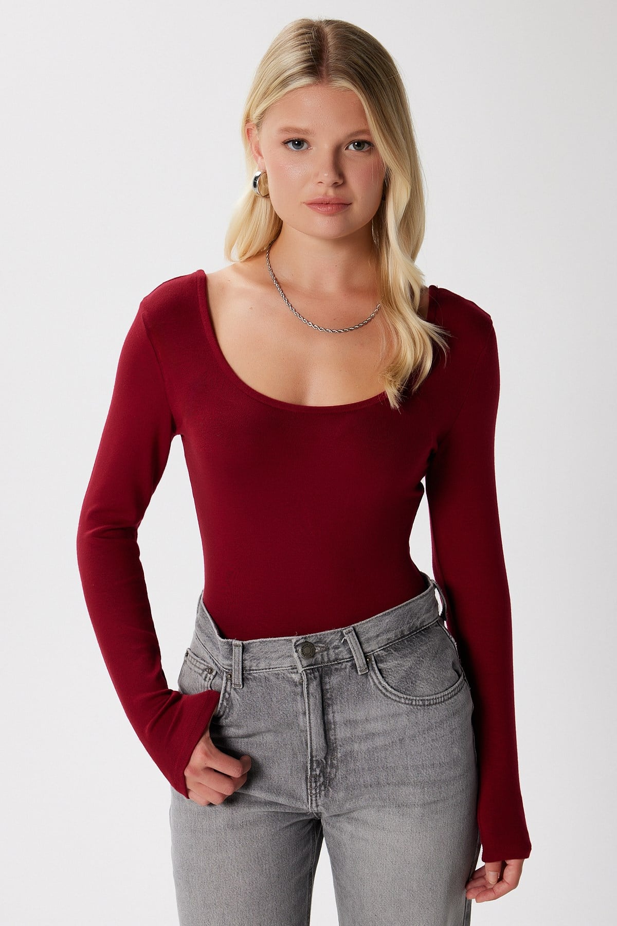 Kadın Heat Lux Touch U Yaka Bordo Uzun Kol Soft Bluz