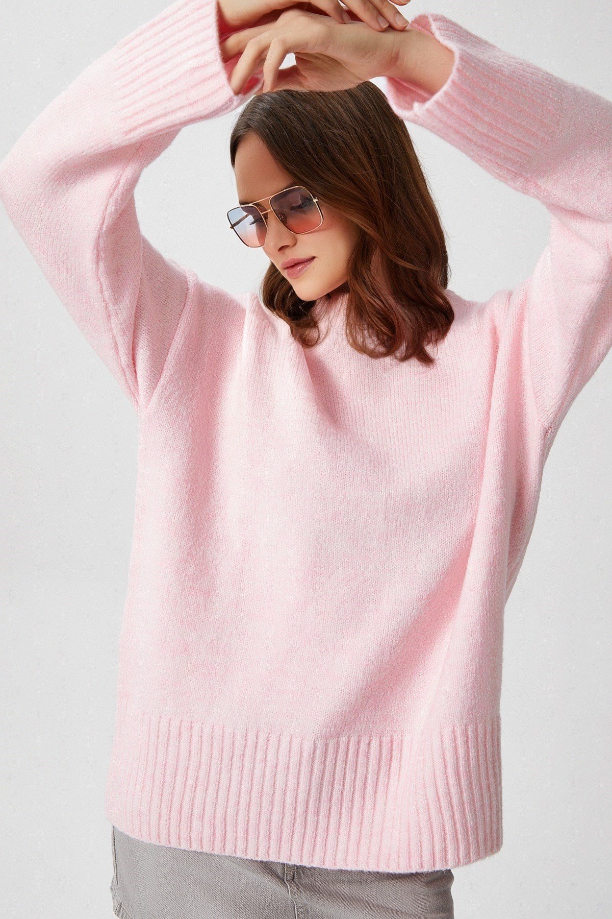 Kadın Homy Yumuşacık Bisiklet Yaka Soft Pembe Oversize Triko Kazak
