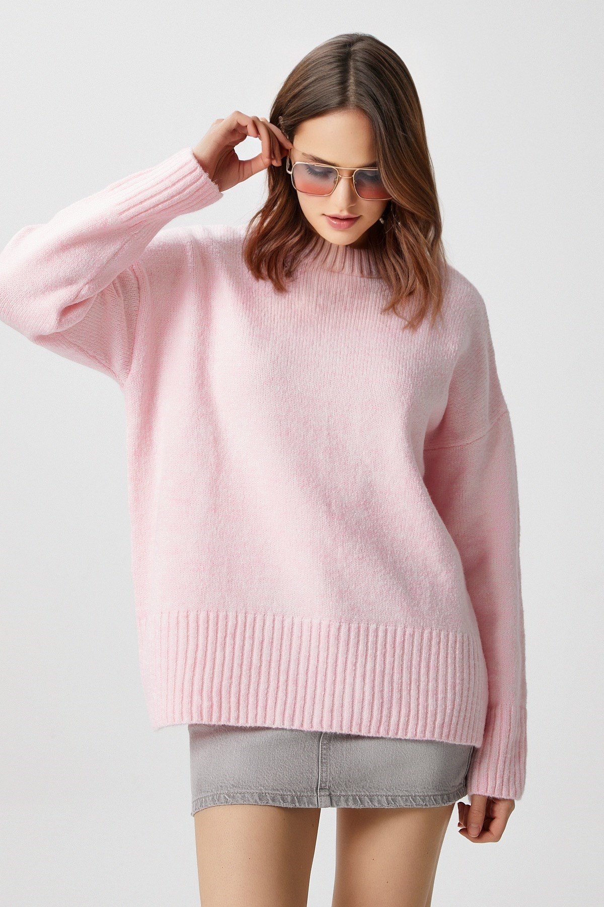 Kadın Homy Yumuşacık Bisiklet Yaka Soft Pembe Oversize Triko Kazak
