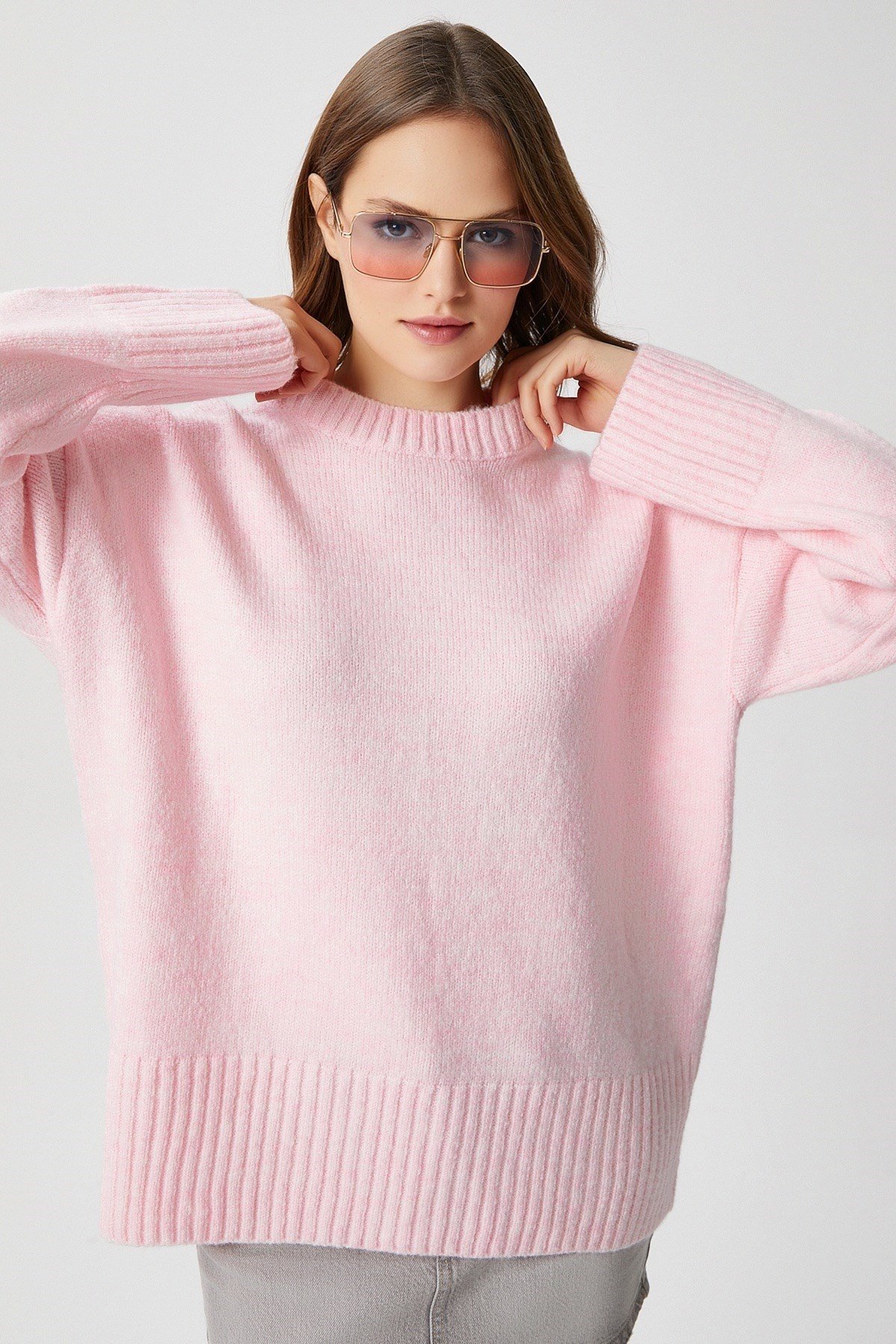 Kadın Homy Yumuşacık Bisiklet Yaka Soft Pembe Oversize Triko Kazak