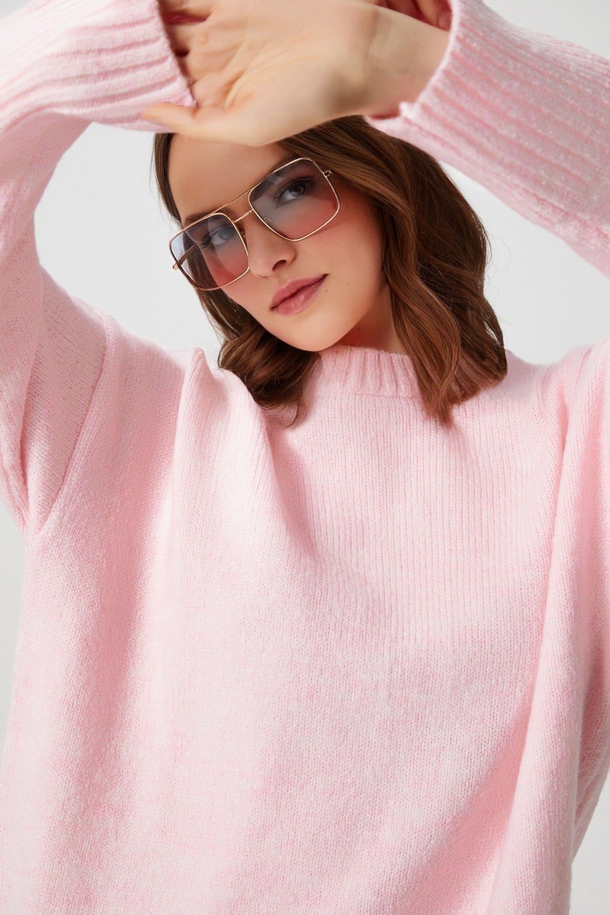 Kadın Homy Yumuşacık Bisiklet Yaka Soft Pembe Oversize Triko Kazak
