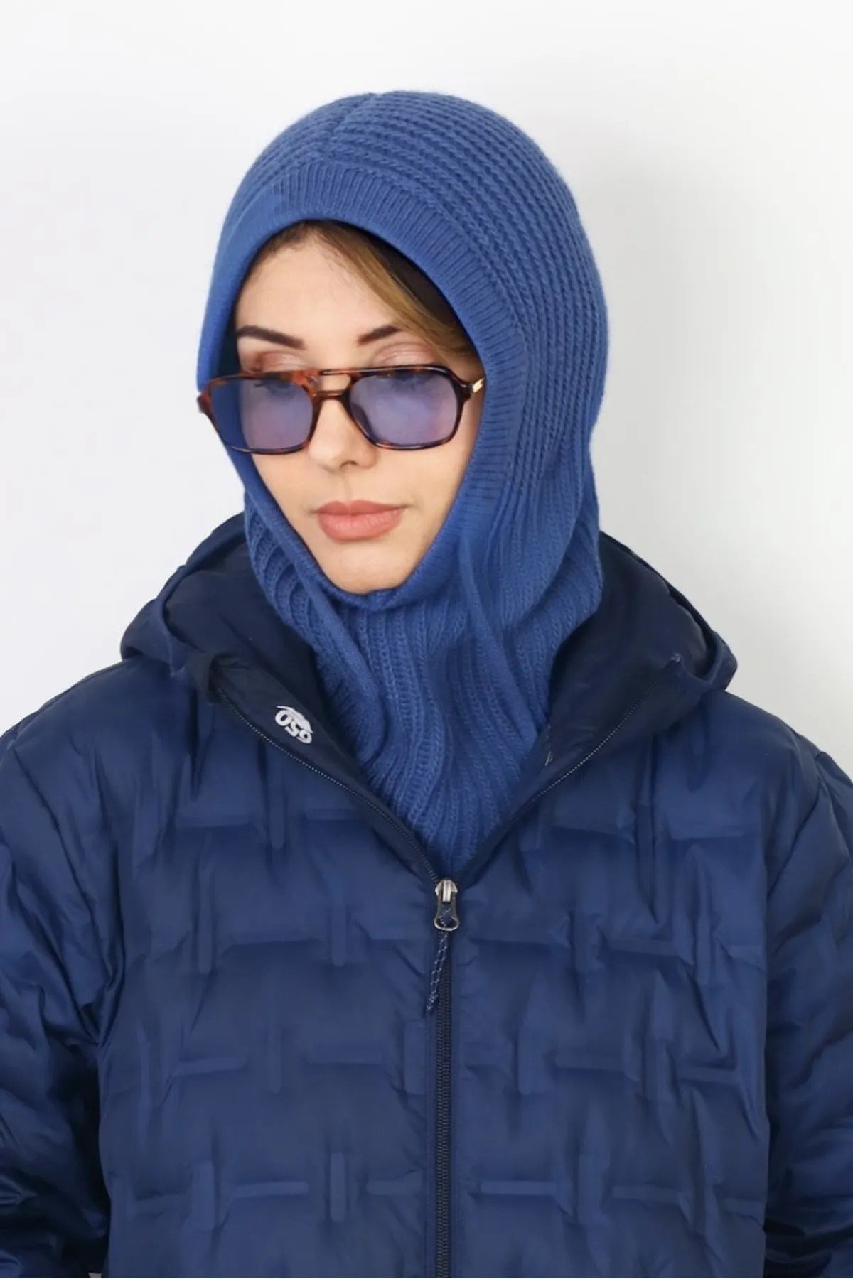 Kadın İpli İndigo Balaclava Triko Bere / Başlık