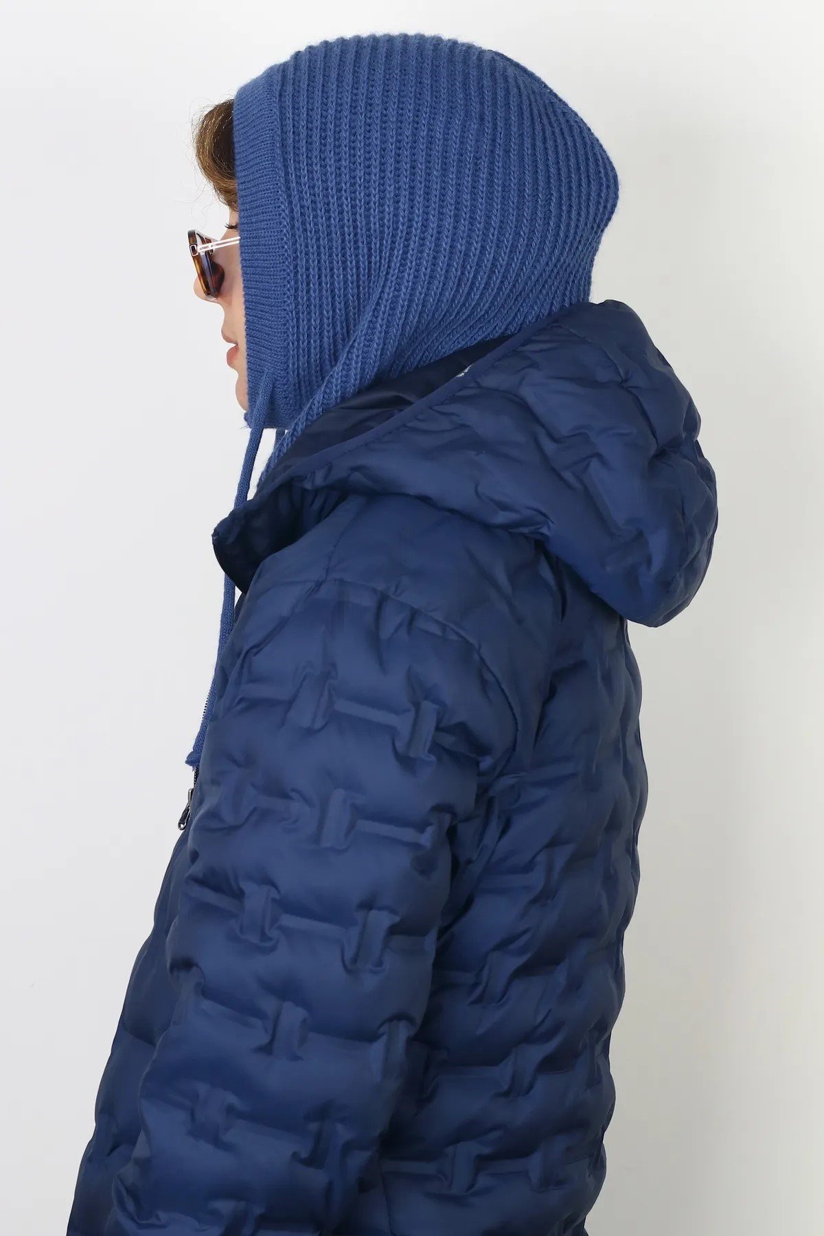 Kadın İpli İndigo Balaclava Triko Bere / Başlık