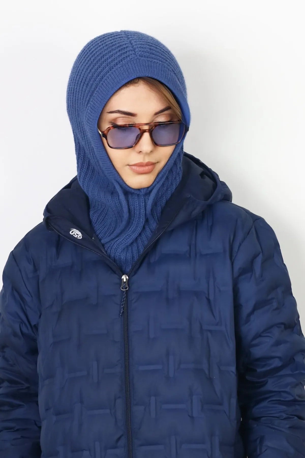 Kadın İpli İndigo Balaclava Triko Bere / Başlık