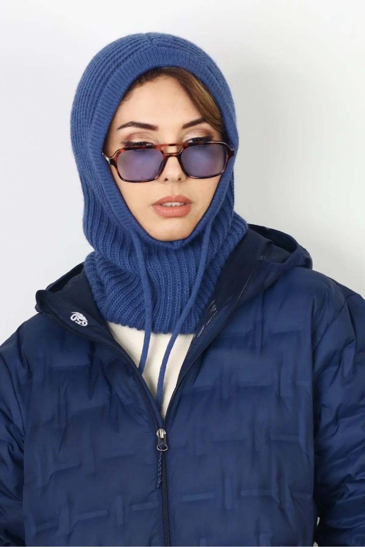 Kadın İpli İndigo Balaclava Triko Bere / Başlık