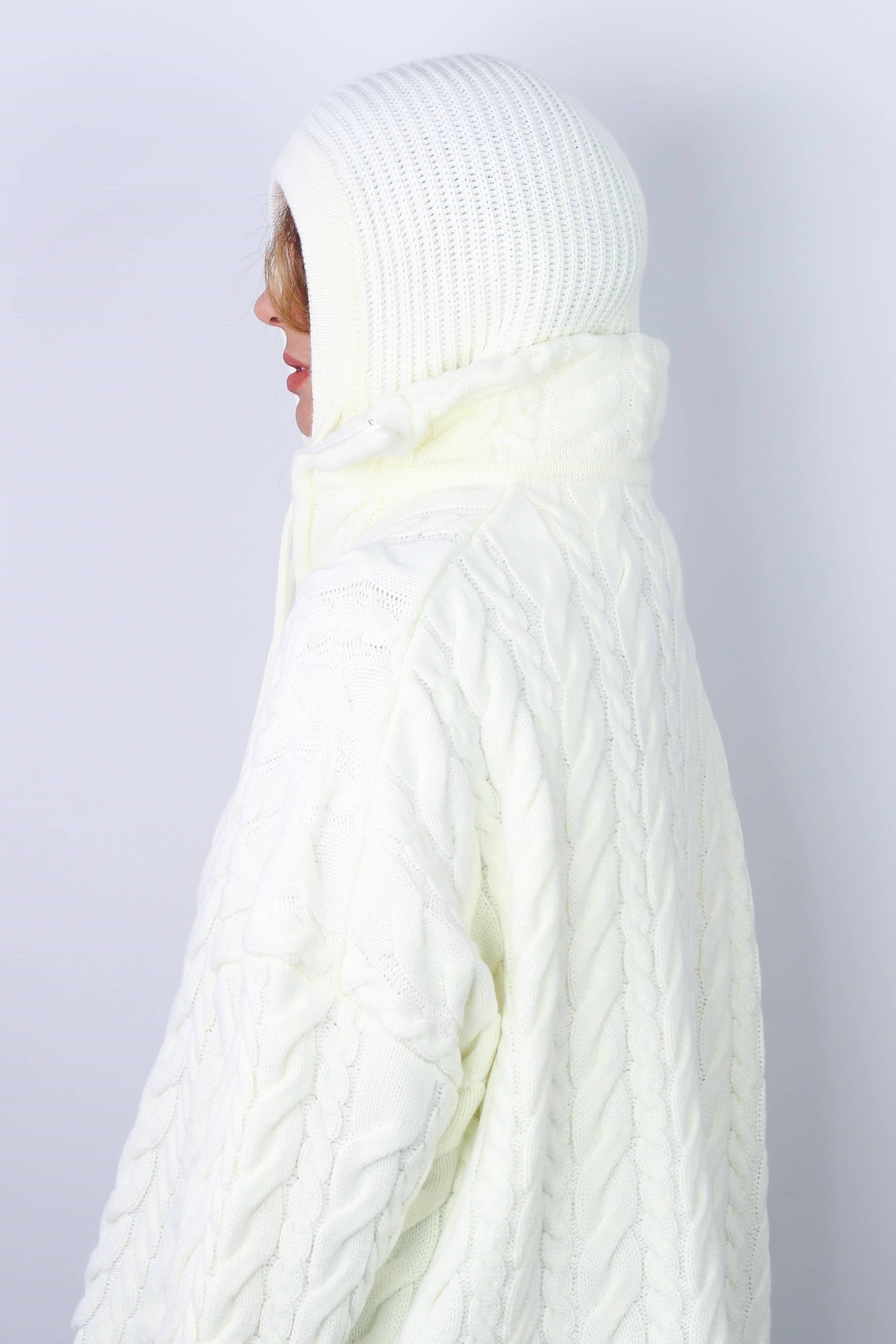 Kadın İpli Krem Balaclava Triko Bere / Başlık