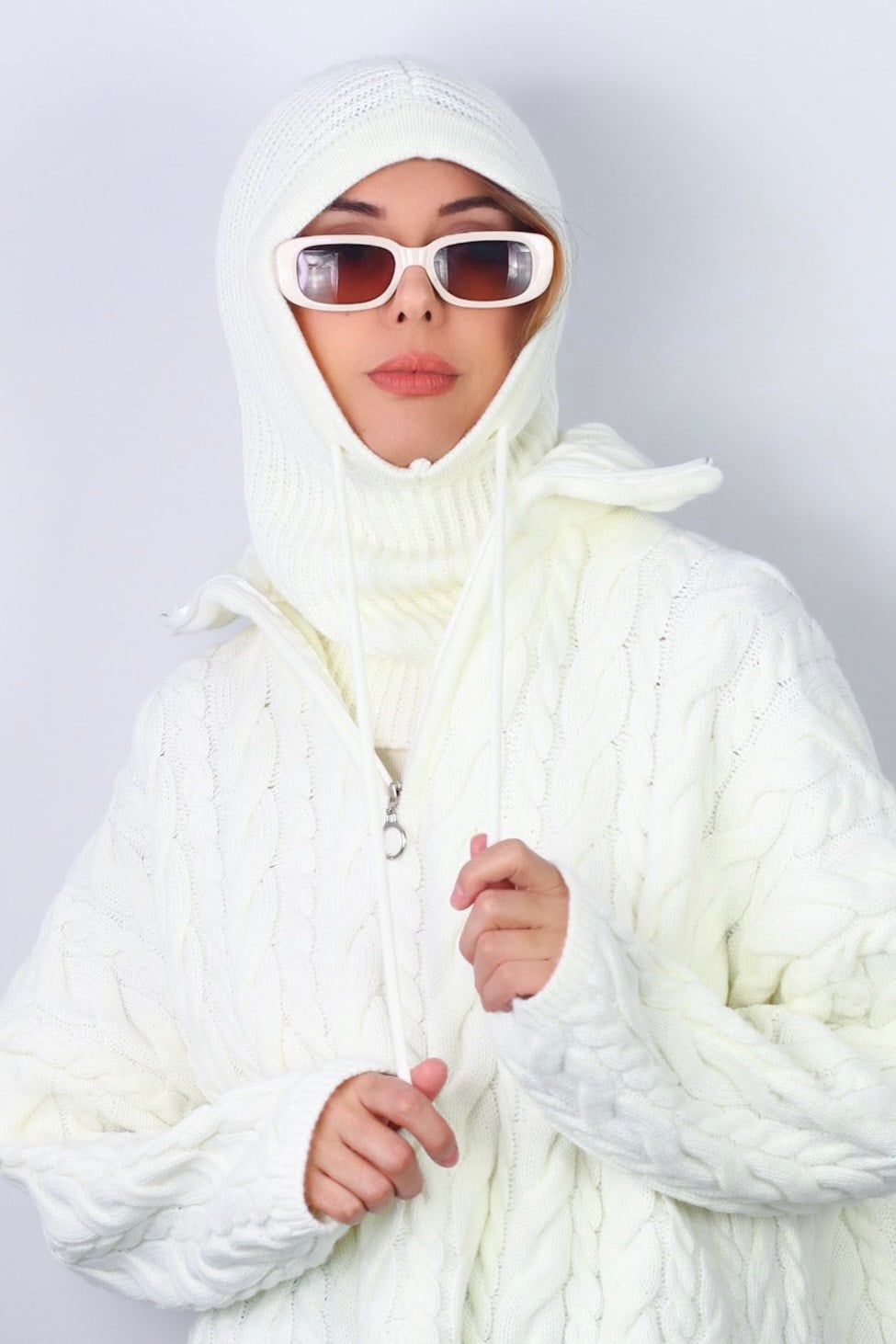 Kadın İpli Krem Balaclava Triko Bere / Başlık