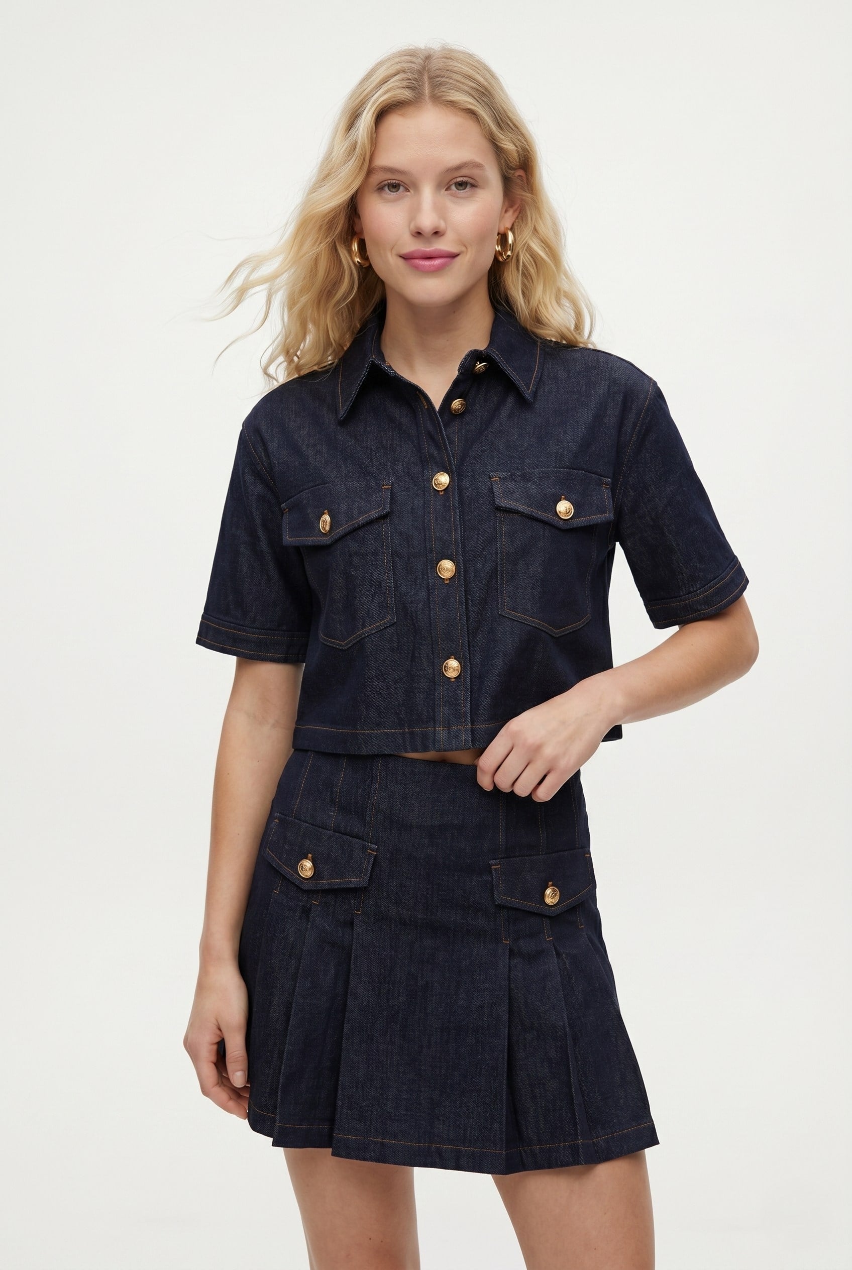 Kadın James Denim Şort Etek Gömlek Lacivert Alt Üst Takım