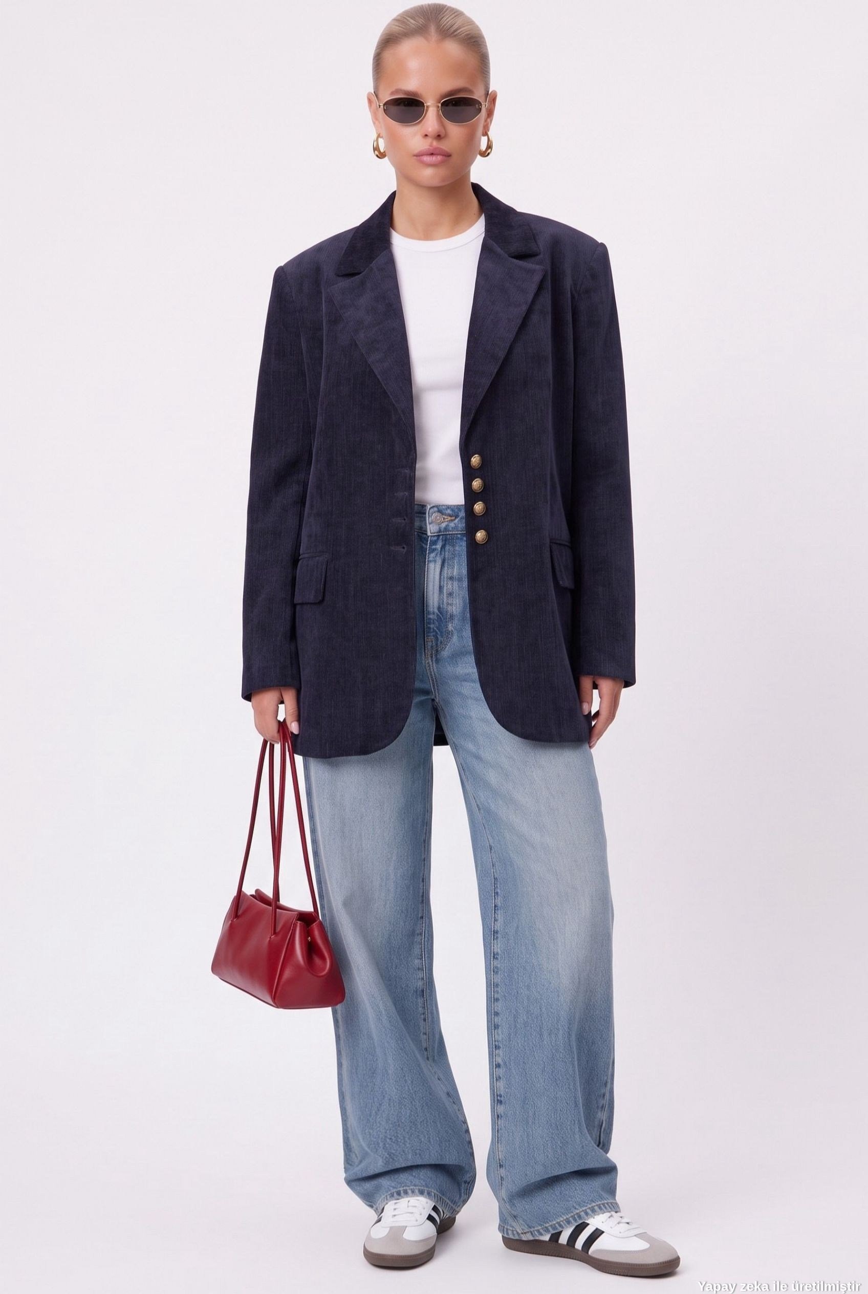 Kadın Jonas Astarlı Cepli İndigo Lux Oversize Blazer Ceket