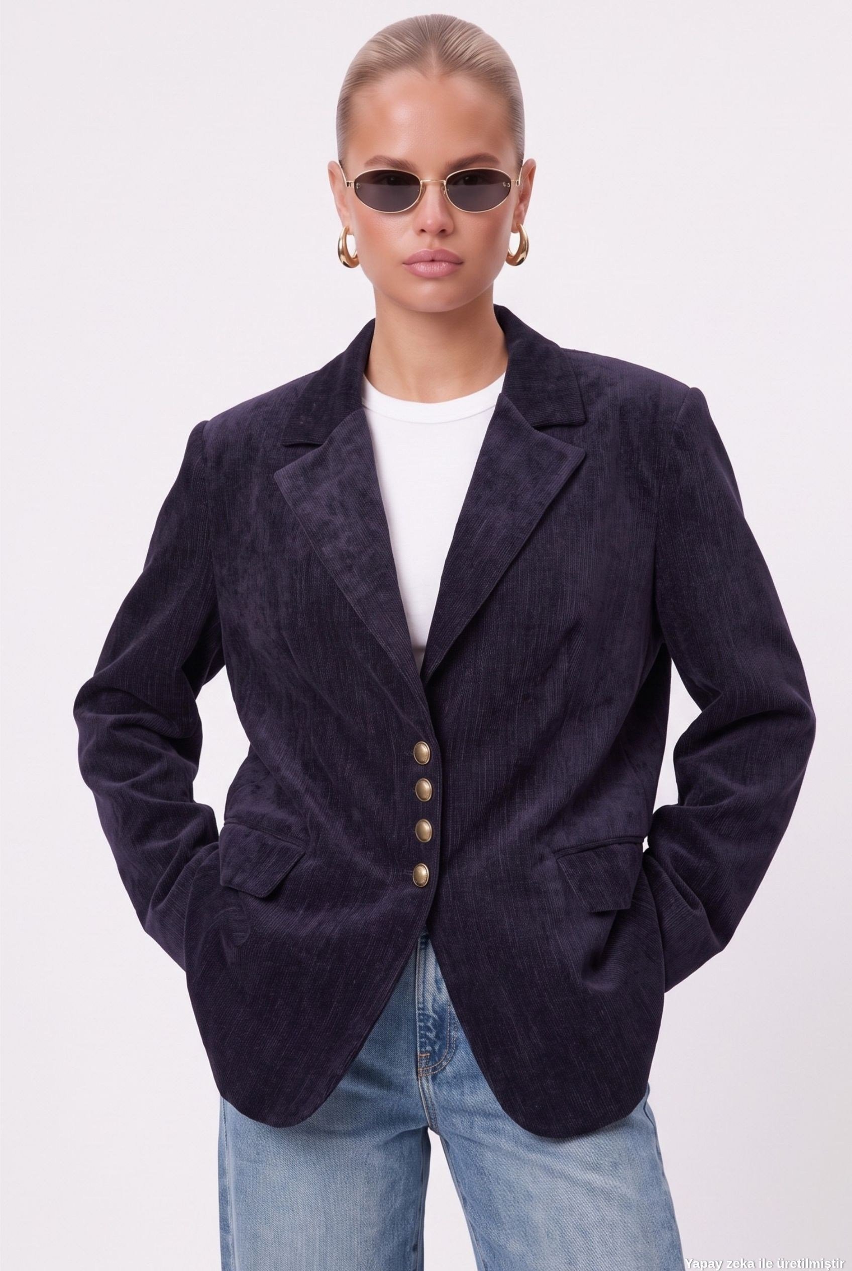 Kadın Jonas Astarlı Cepli İndigo Lux Oversize Blazer Ceket
