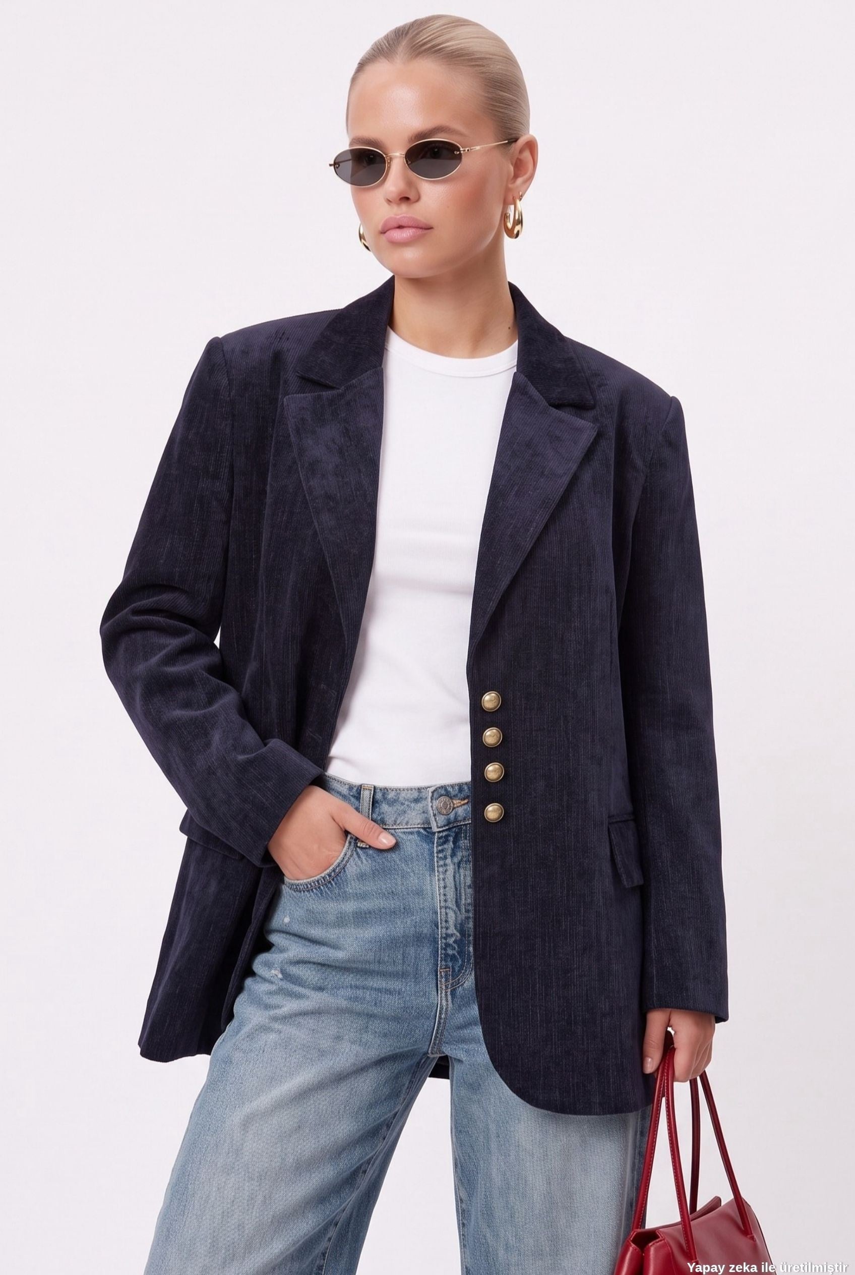 Kadın Jonas Astarlı Cepli İndigo Lux Oversize Blazer Ceket