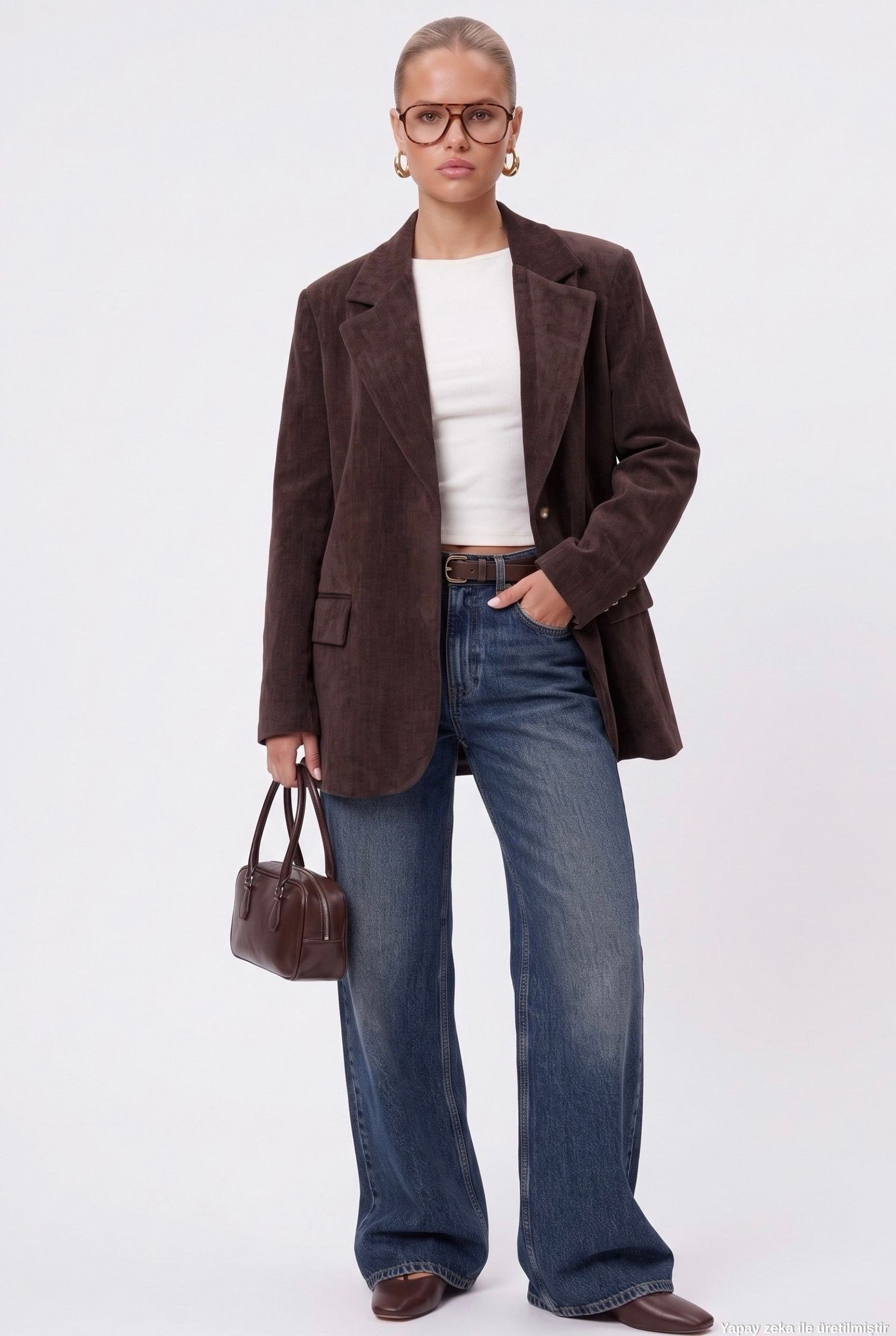 Kadın Jonas Astarlı Cepli Kahverengi Lux Oversize Blazer Ceket