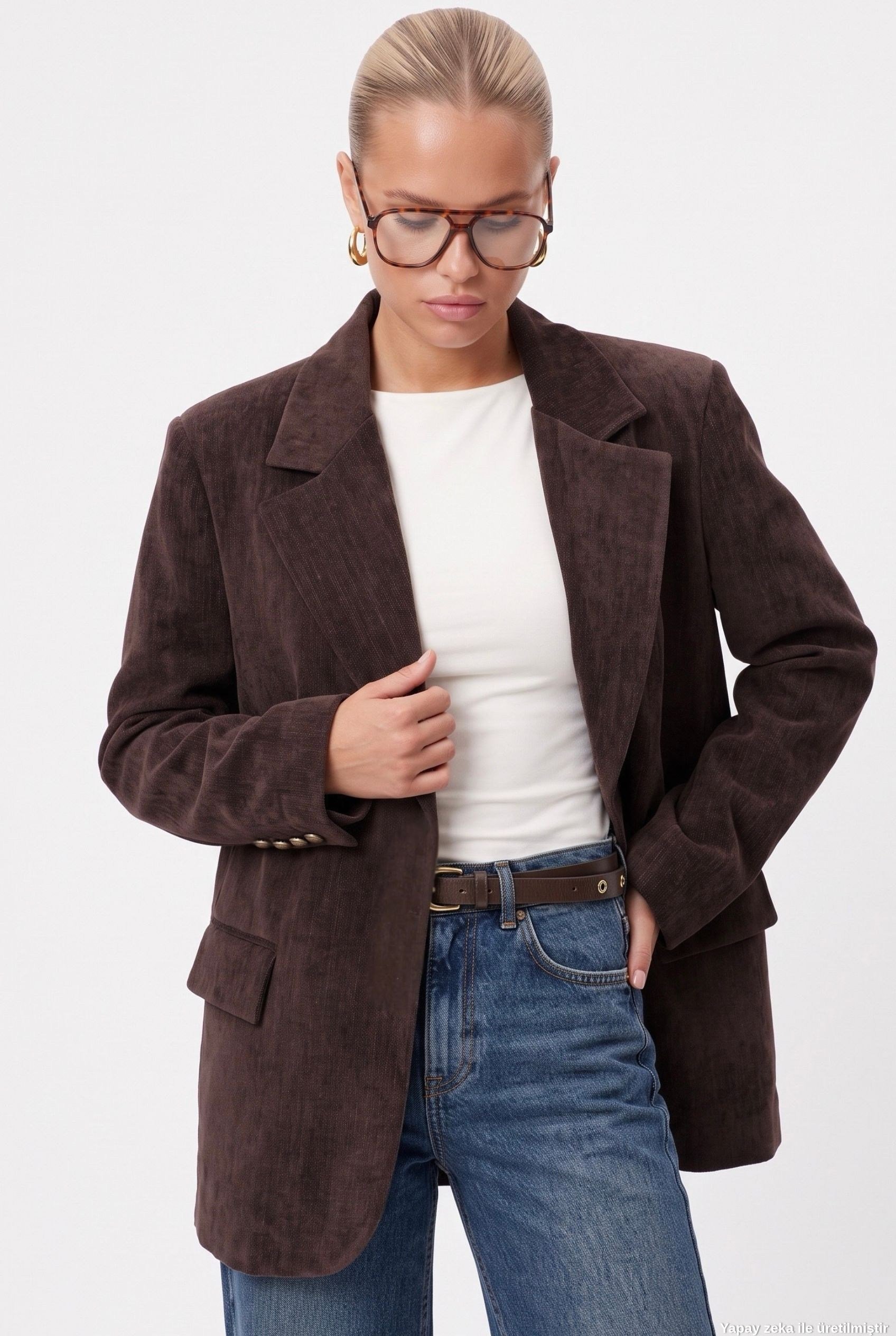 Kadın Jonas Astarlı Cepli Kahverengi Lux Oversize Blazer Ceket