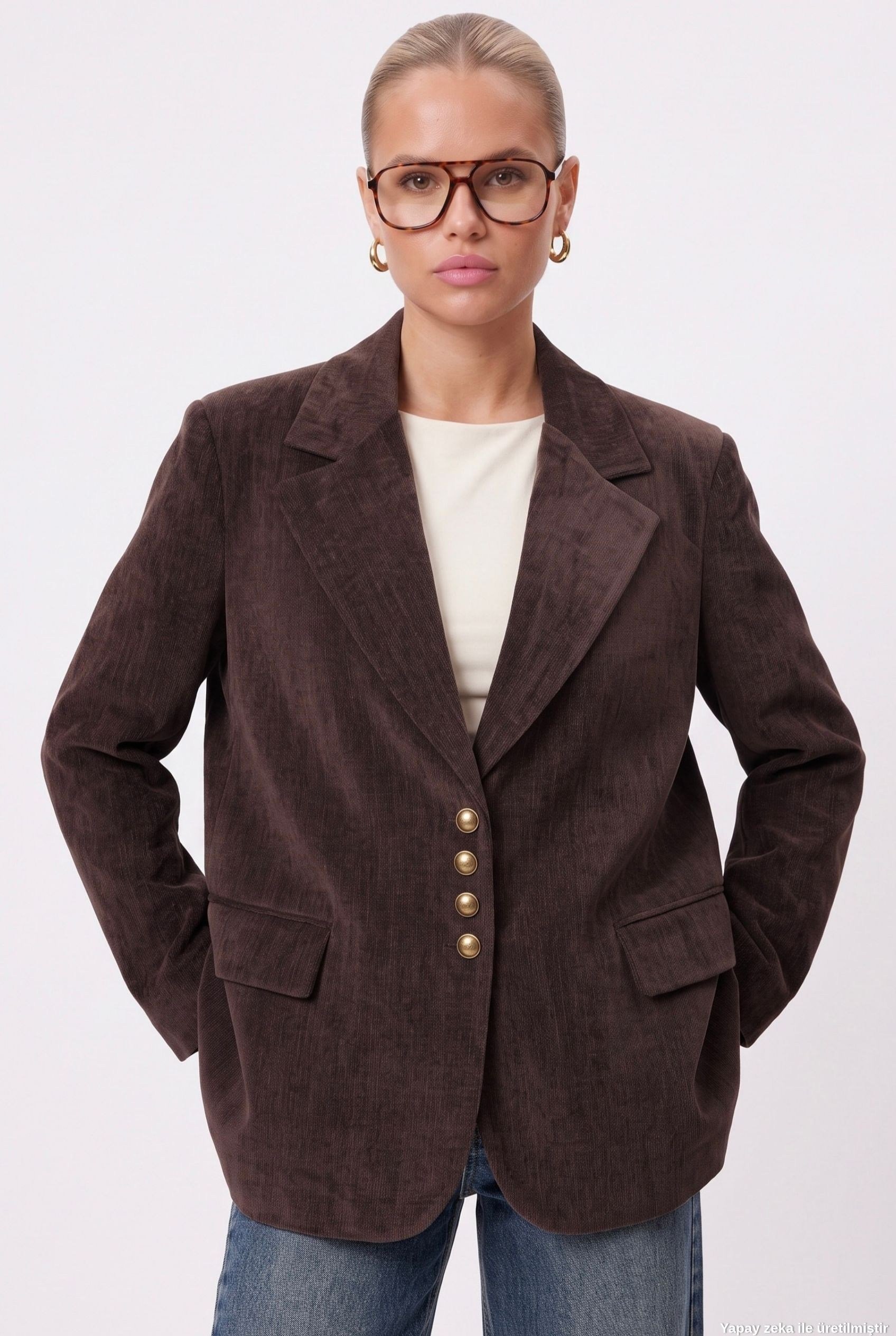 Kadın Jonas Astarlı Cepli Kahverengi Lux Oversize Blazer Ceket