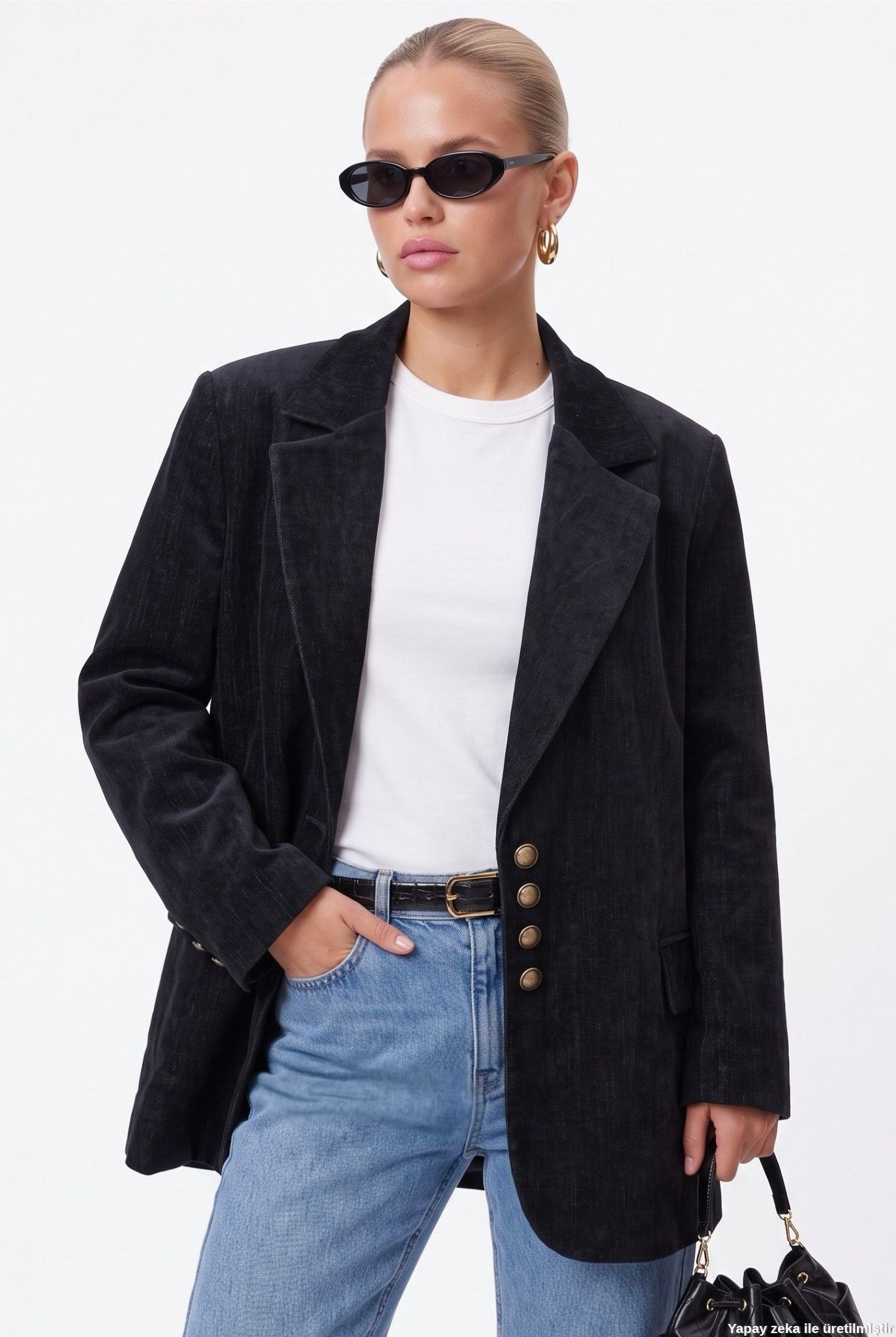 Kadın Jonas Astarlı Cepli Siyah Lux Oversize Blazer Ceket