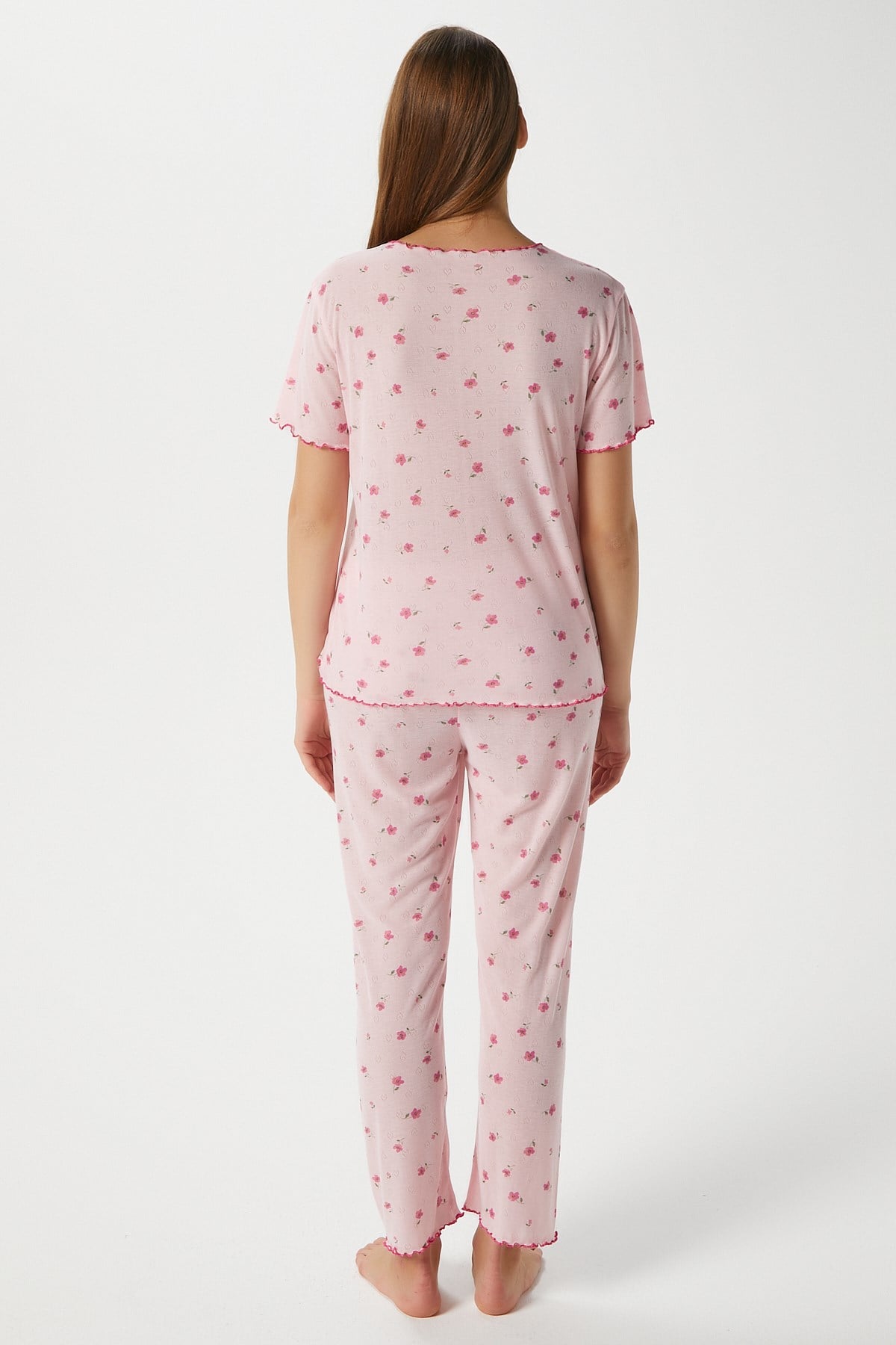 Kadın Juliet Kurdeleli Yumuşak Doku Pembe Çiçekli  Pijama Takımı