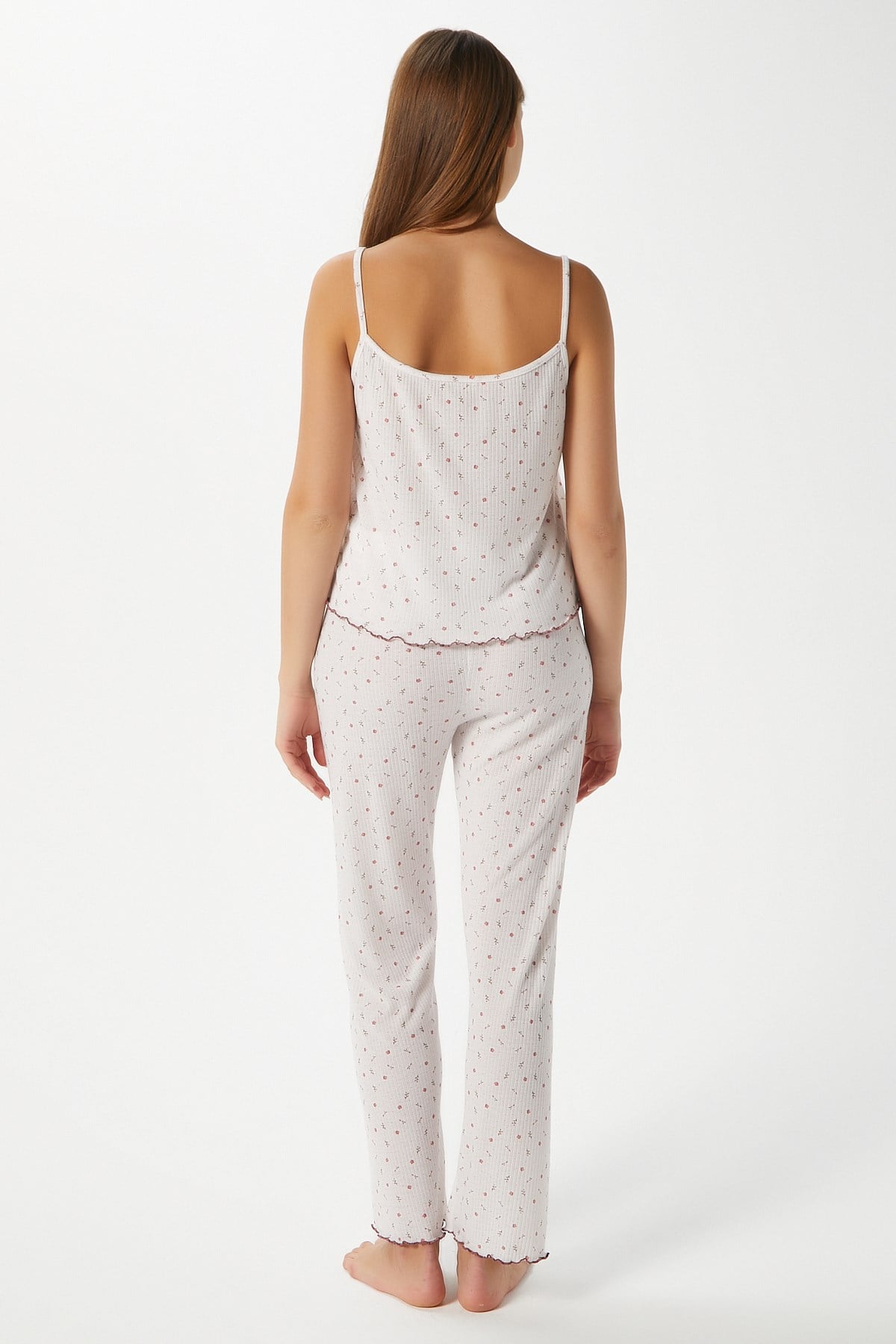 Kadın June Askılı Ekru Minik Çiçekli Alt Üst Pijama Takımı