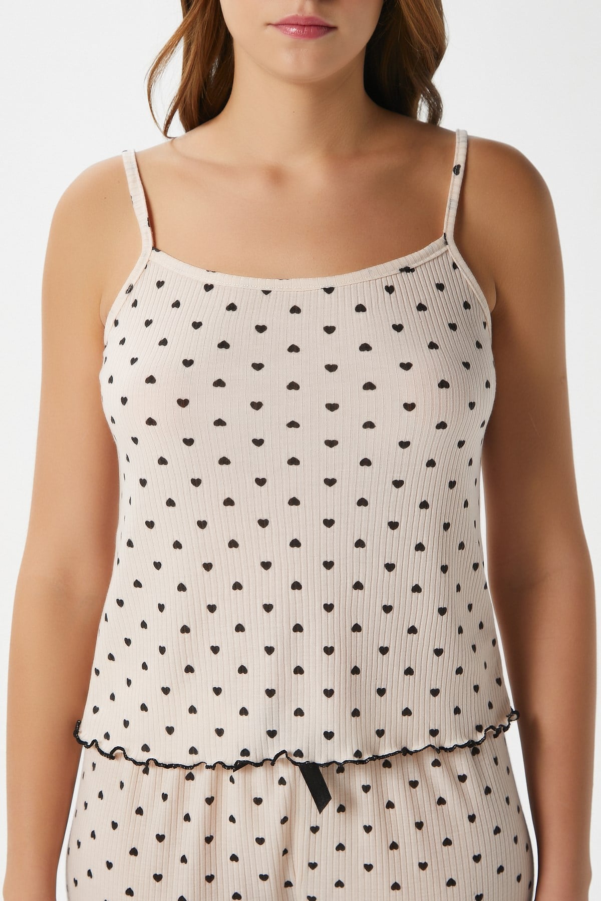 Kadın June Askılı Kalp Desen Pudra Alt Üst Pijama Takımı
